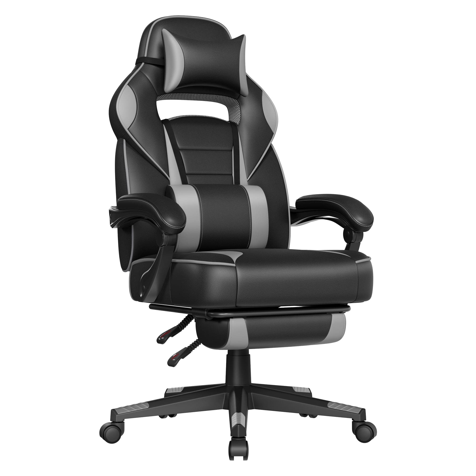 SONGMICS Sedia da Ufficio, Poltrona Racing Ergonomica, Poggiapiedi Telescopico, Schienale Inclinabile, Poggiatesta e Supporto Lombare, Portante di 150 kg, Nero Inchiostro e Grigio Tortora OBG073B03