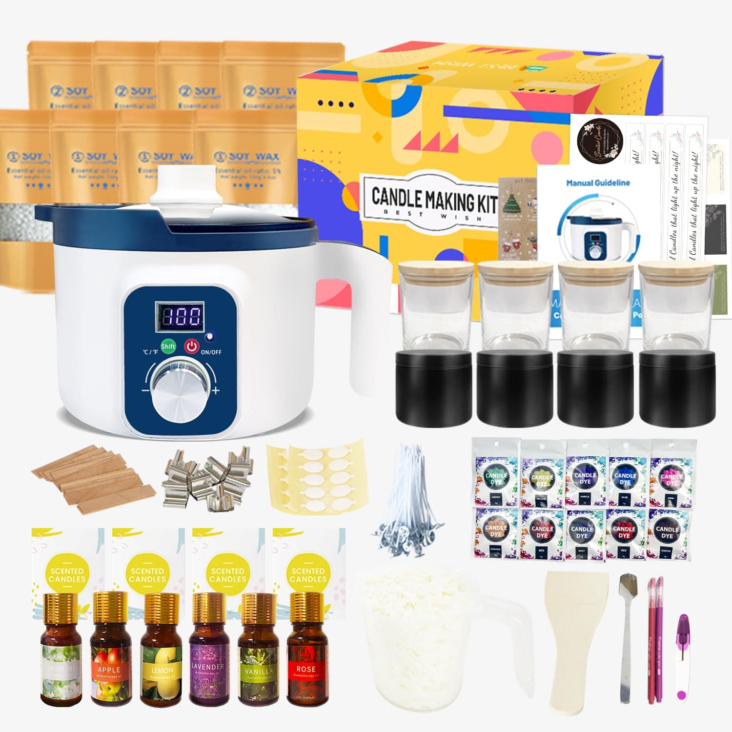 Kit de Fabrication de Bougies Pour Adultes avec Fondoir à Cire Numérique, Kit Complet Pour Créer vos Propres Bougies Parfumées (pots en verre inclus), Idéal Pour les Loisirs Créatifs.