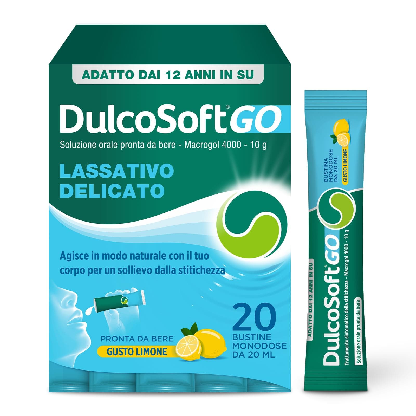 DulcoSoft GO Lassativo Delicato con Macrogol 4000, 20 Stick, Soluzione Orale per Stitichezza e Intestino Pigro, Favorisce Regolarità Intestinale, Senza Zucchero, Glutine e Lattosio, Gusto Limone