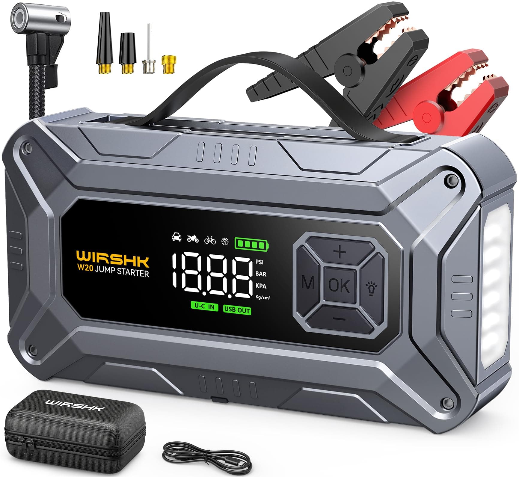 WIRSHK Arrancador de Coche con Compresor de Aire, 8000A 160PSI Arrancador Portátil para Baterías (8.0L Gasolina/10L Diésel), Batería Externa 12V con Cables de Arranque, Pantalla LCD, 2 LED