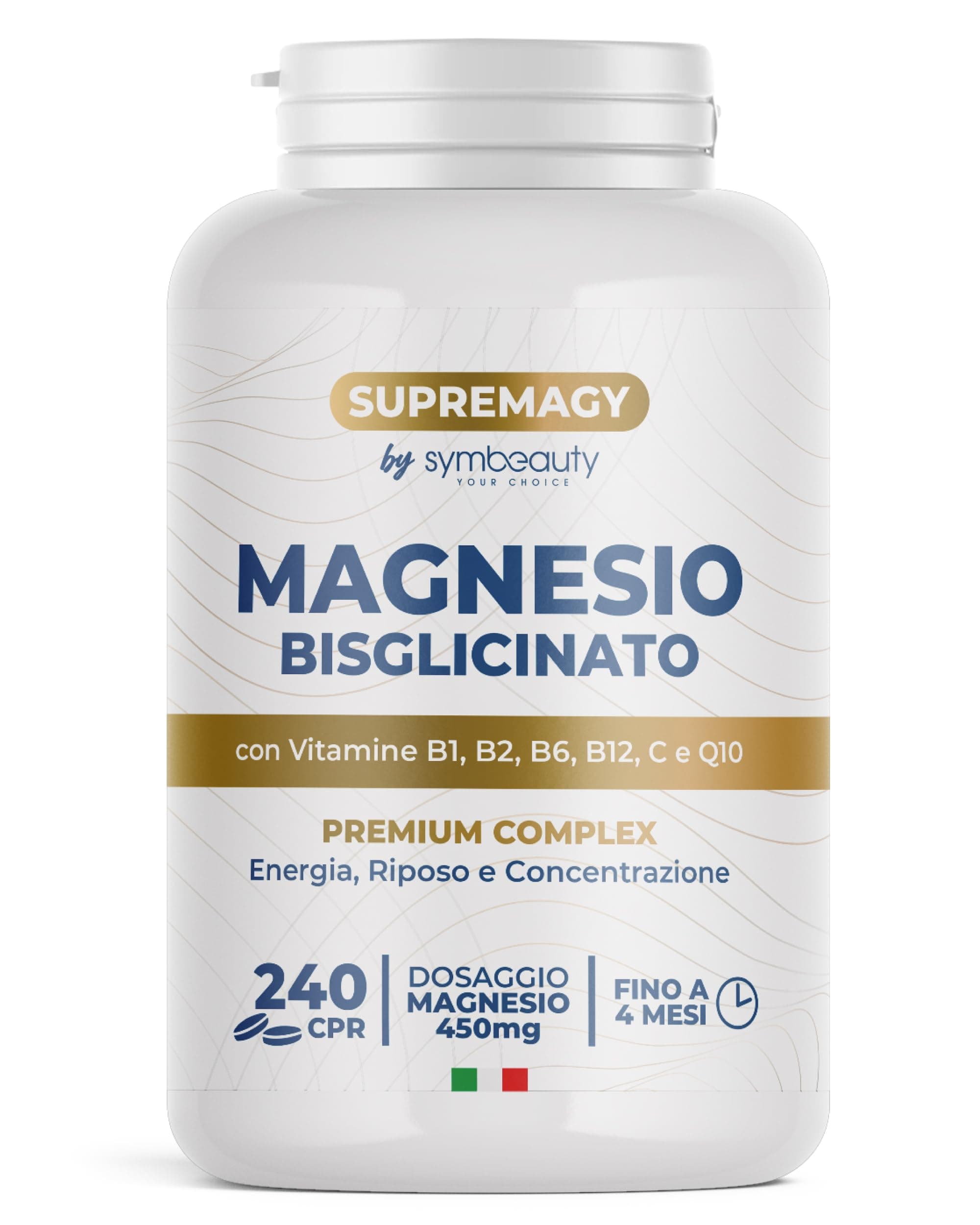 SUPREMAGY MAGNESIO BISGLICINATO 450mg (Fornitura 4 Mesi) 240 CPR - Magnesio Completo | Vitamina B12, B1, B2, B6, C e Coenzima Q10 | Integratore Stanchezza Fisica e Mentale - Vegano e Made in Italy