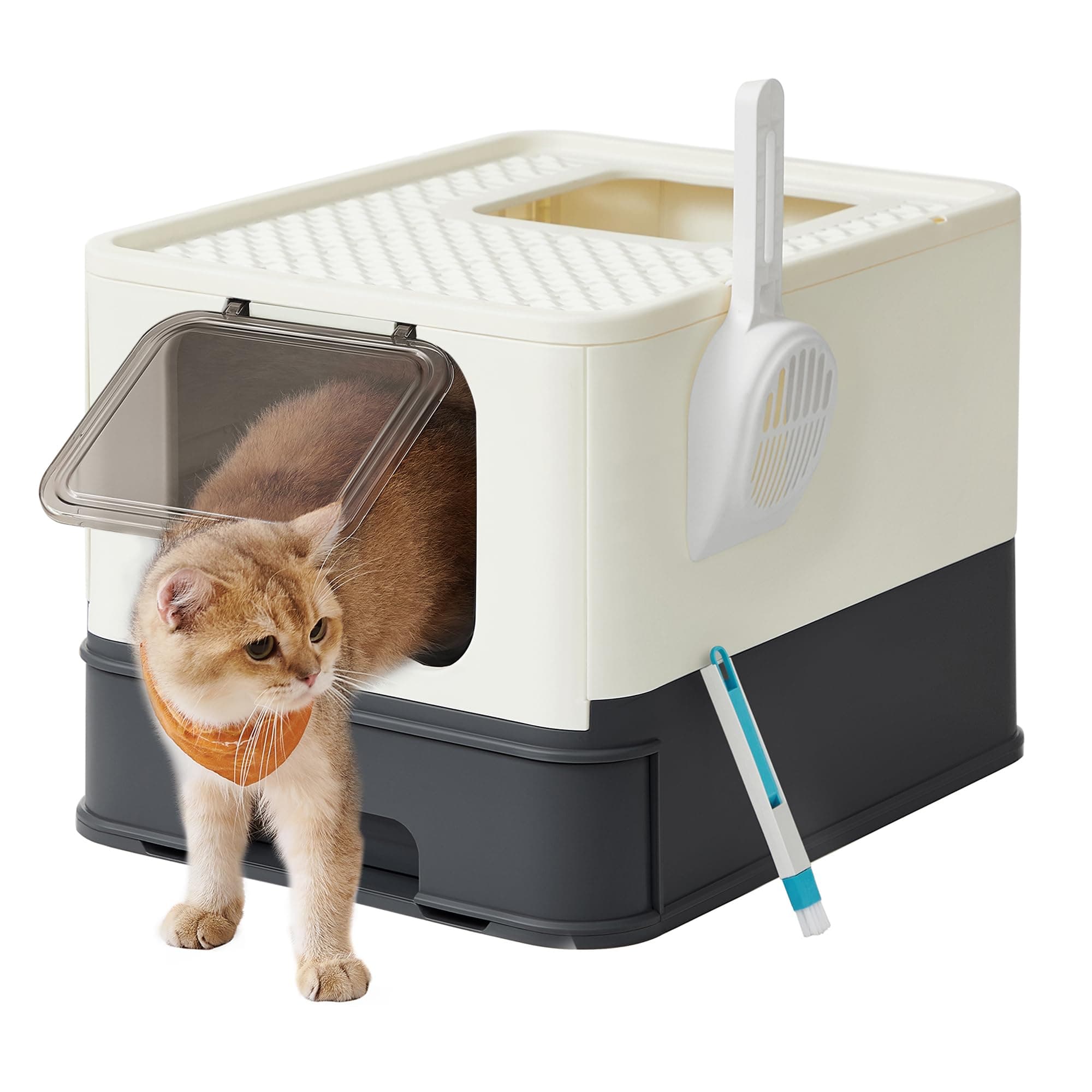 Feandrea Arenero para Gatos, Caja Arena con Bandeja Extraíble, Pala, Cepillo, Espacioso para Gatos Grandes, Carga de 15 kg, Antifiltración, Antiescapes, Beige y Negro PPT001W01
