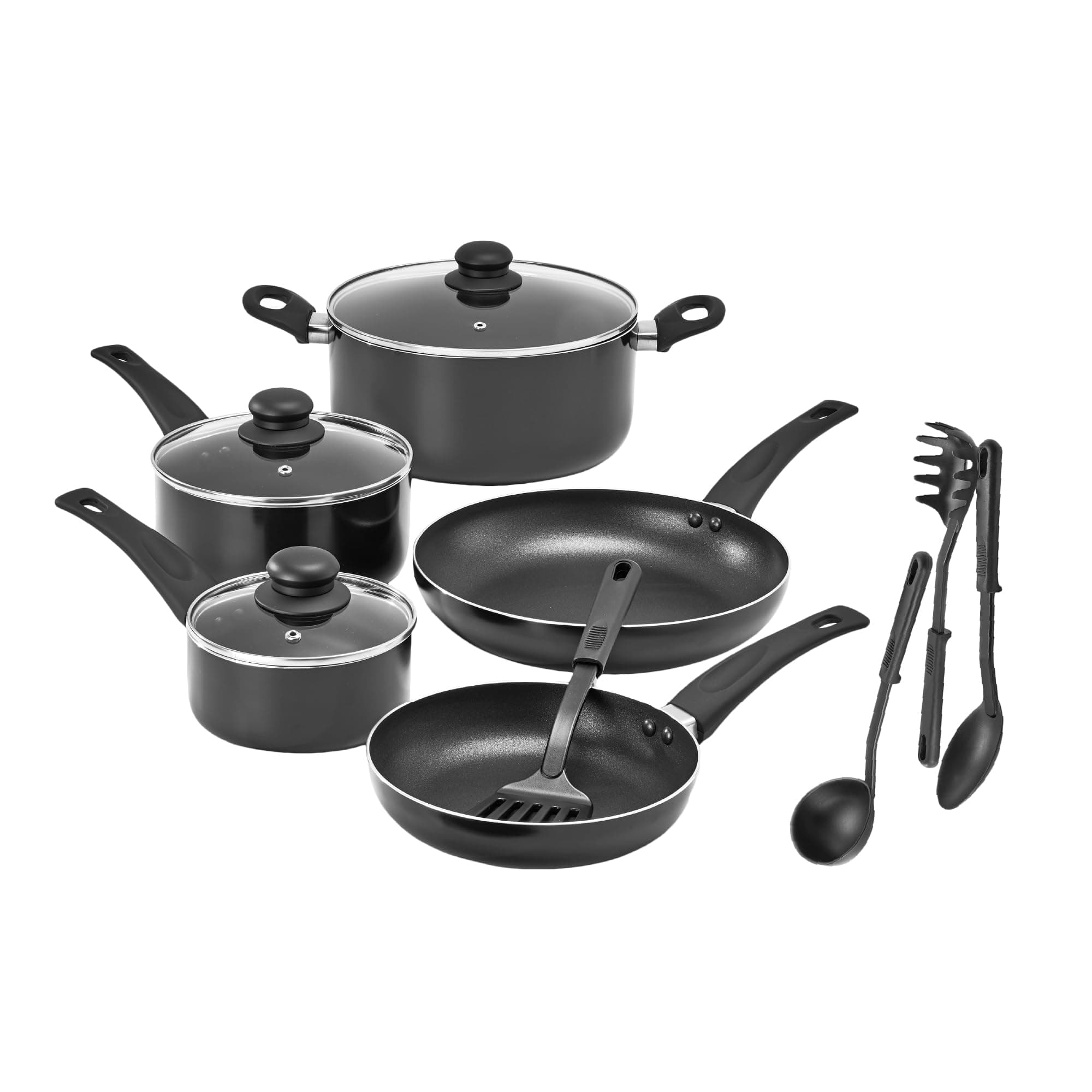 bella Batterie de cuisine, 12 pièces avec ustensiles, antiadhésifs, sans PFOA, surface de cuisson résistante aux rayures, compatible avec toutes les cuisinières, nylon et aluminium, noir