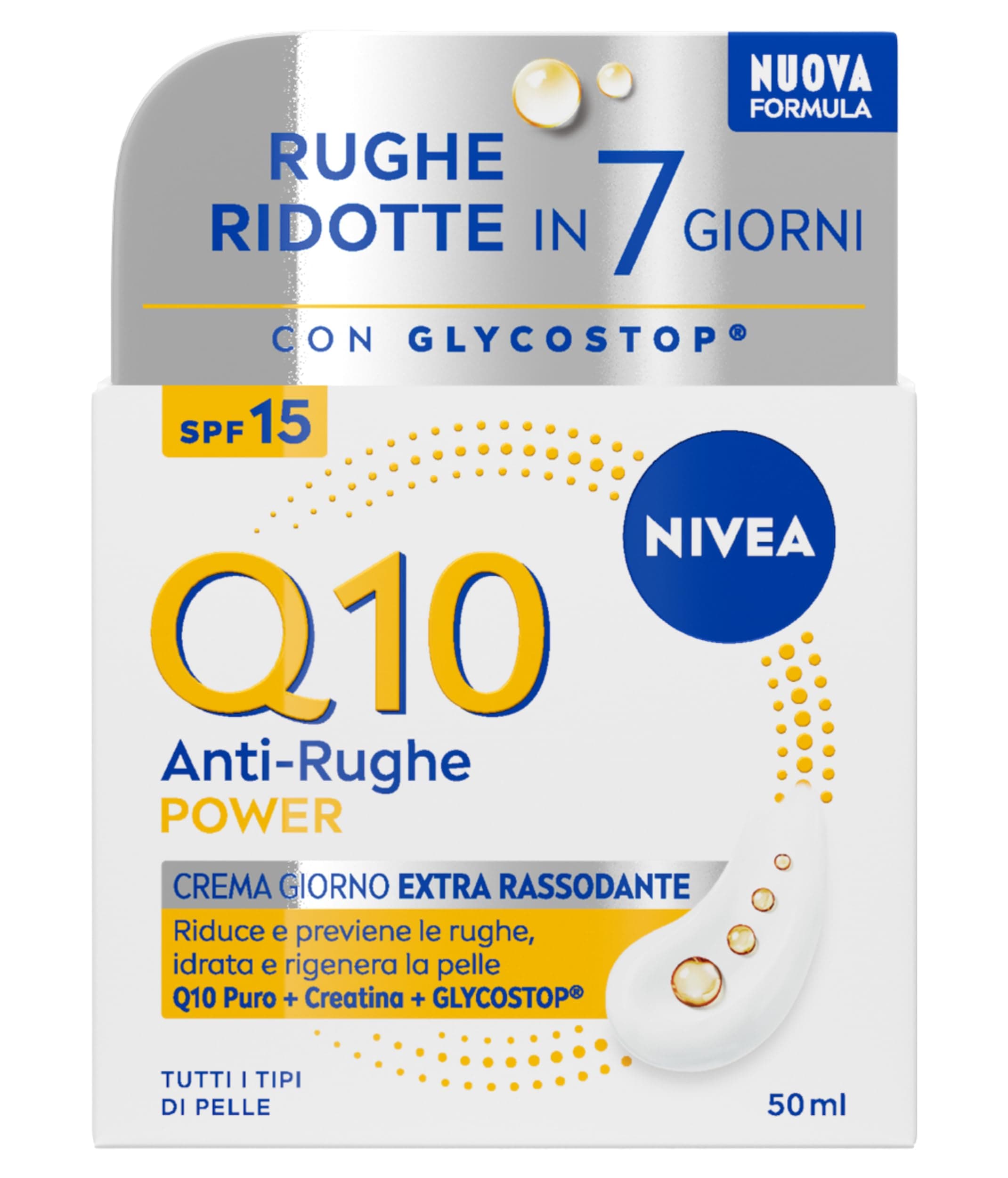 NIVEA Q10 Anti-Rughe Power Crema Giorno Extra Rassodante SPF15 50 ml, Crema viso antirughe e idratante con Coenzima Q10, Creatina e Glycostop, Skincare ad assorbimento rapido per tutti i tipi di pelle