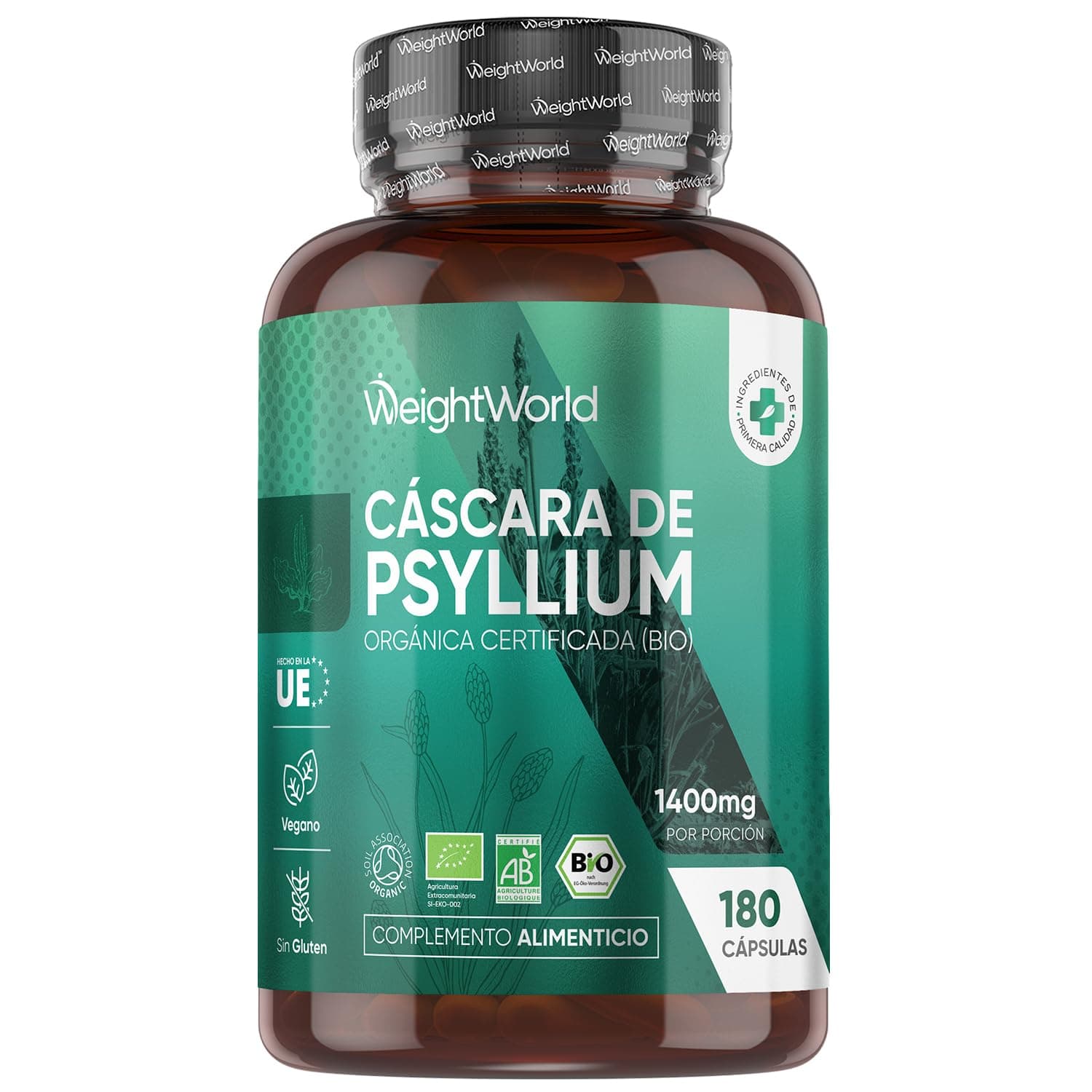 Cáscara de Psyllium Husk 1400 mg - 180 Cápsulas de Pisilio Orgánico Puro - Fibra de Plantago Ovata, Vegano, Sin Gluten, Sin Lactosa y Keto para 3 Meses de Suministro