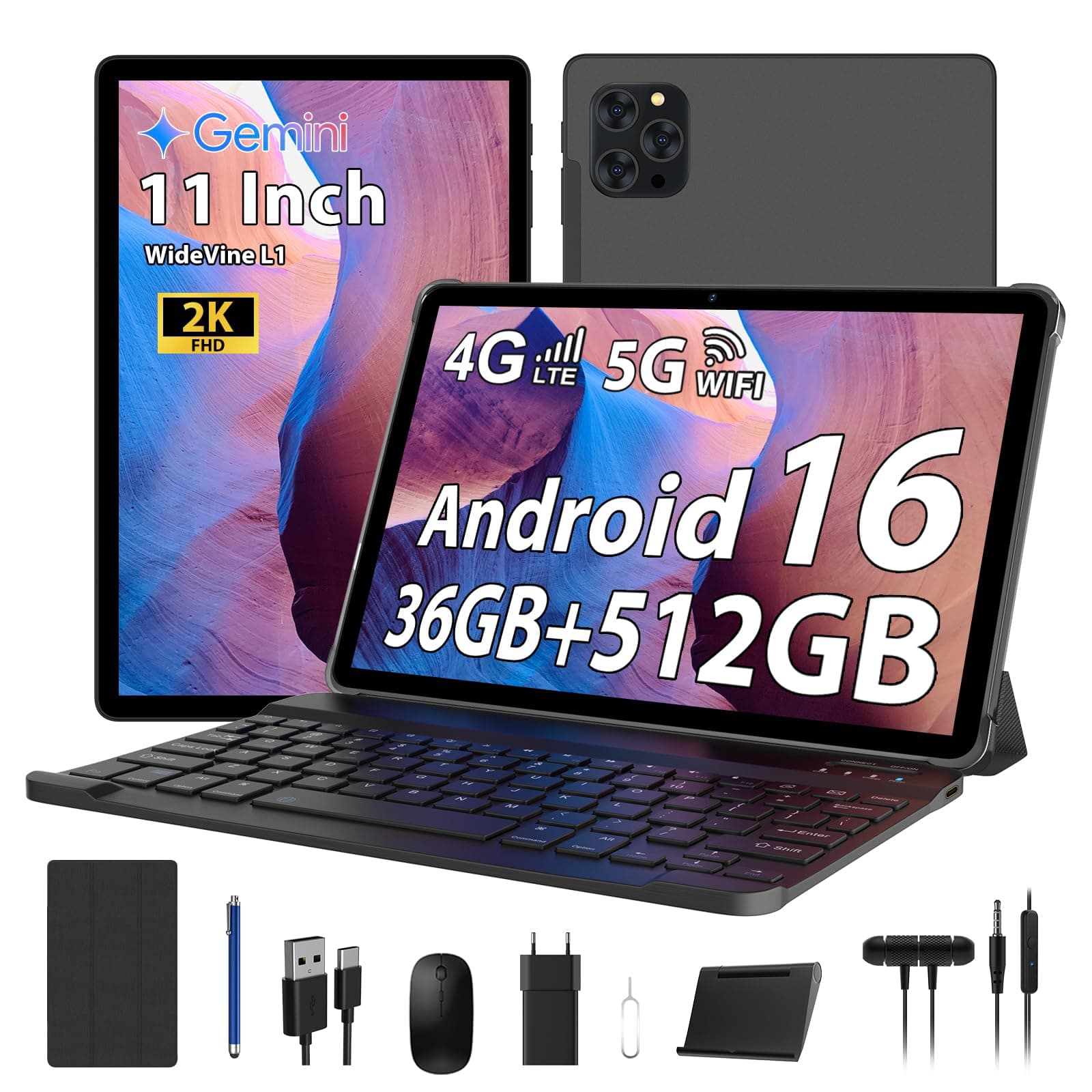 RUSHAR Tablet 11 Pulgadas Android 16 con 36GB RAM+512GB ROM (2TB TF), 4G LTE & 5G WiFi, Octa-Core 2.0GHz, 8000mAh, 13MP+8MP, Widevine L1,Gemini AI, GPS, BT 5.0, Tablet con Teclado, Negro