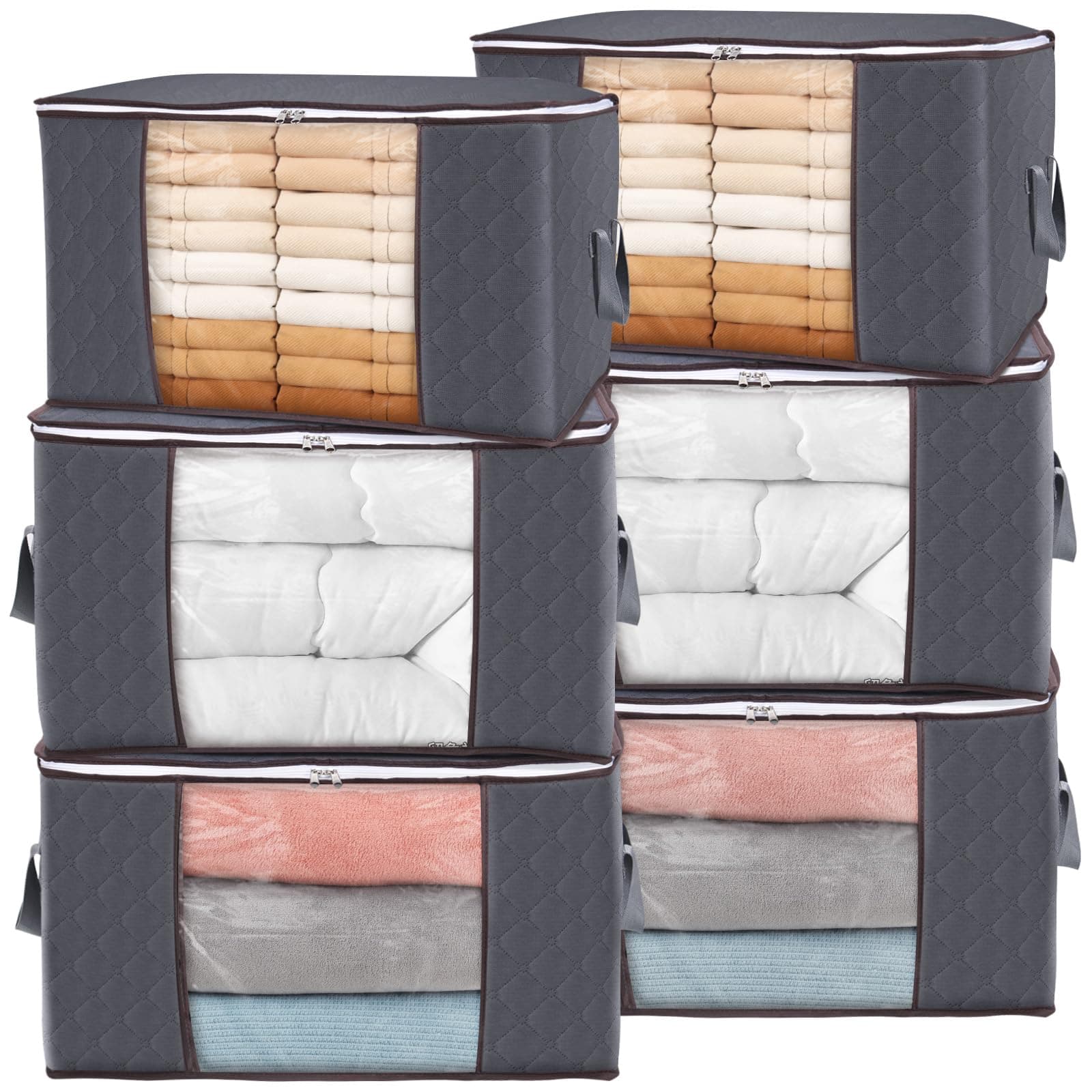 Lifewit 6 Stück 90L Aufbewahrungstasche, Aufbewahrungsbox mit Deckel, Groß Kleideraufbewahrung Umzugskartons, Faltbare Aufbewahrung Boxen für Bettdecken Kleidung Unterbett Kleiderschrank, Grau