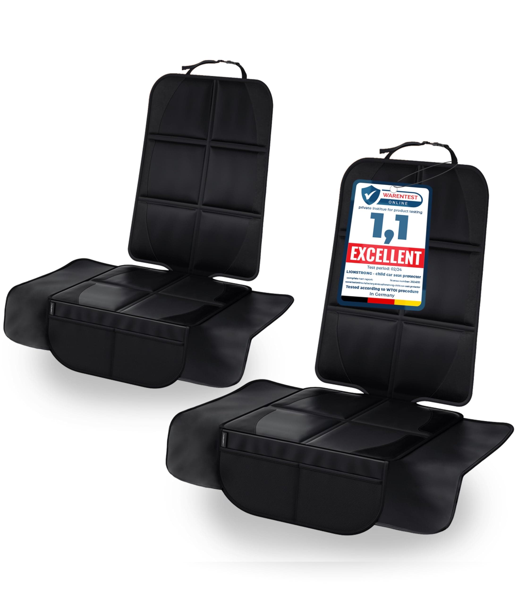 LIONSTRONG Protector Seguro para Asiento Infantil - PROTECCIÓN Extra - Extra Protege tu Coche - Fundas para sillas de Coche - ISOFIX - Negro 2 uds