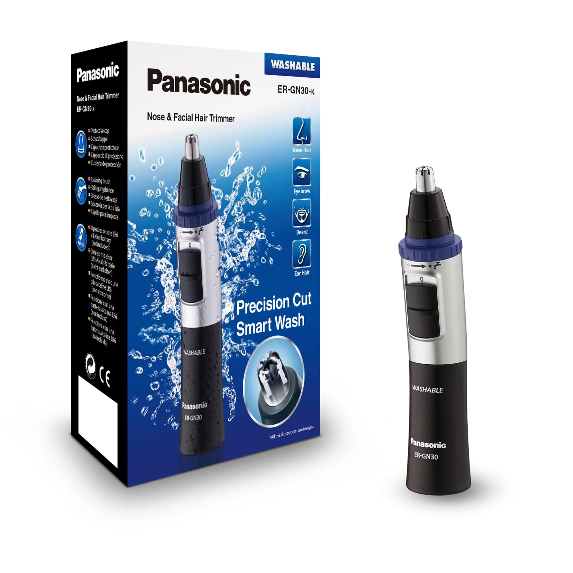 Panasonic ER-GN30-K503 Recortadora De Vello Facial para Nariz y Orejas, Húmedo/Seco, Cuchilla Hipoalergénica de Doble Filo, Sistema de Limpieza Vortex, Inalámbrico, Negro