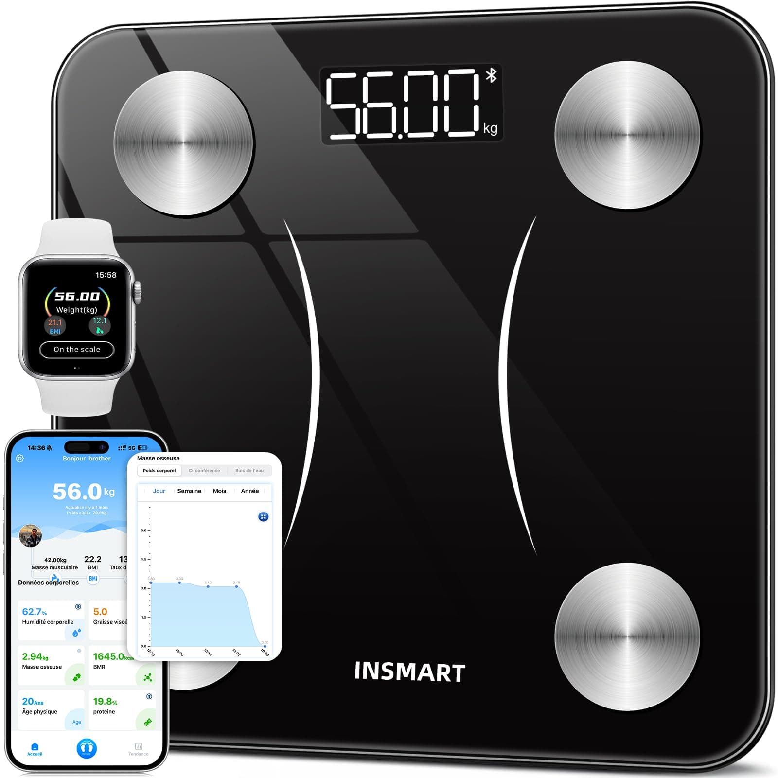Insmart Balance Pese Personne, Balance Connectée avec apps, Pese Personnes mesure de la balance 16 données corporelles (IMC/graisse corporelle/BMR/muscle, etc.), affichage LED, très précis