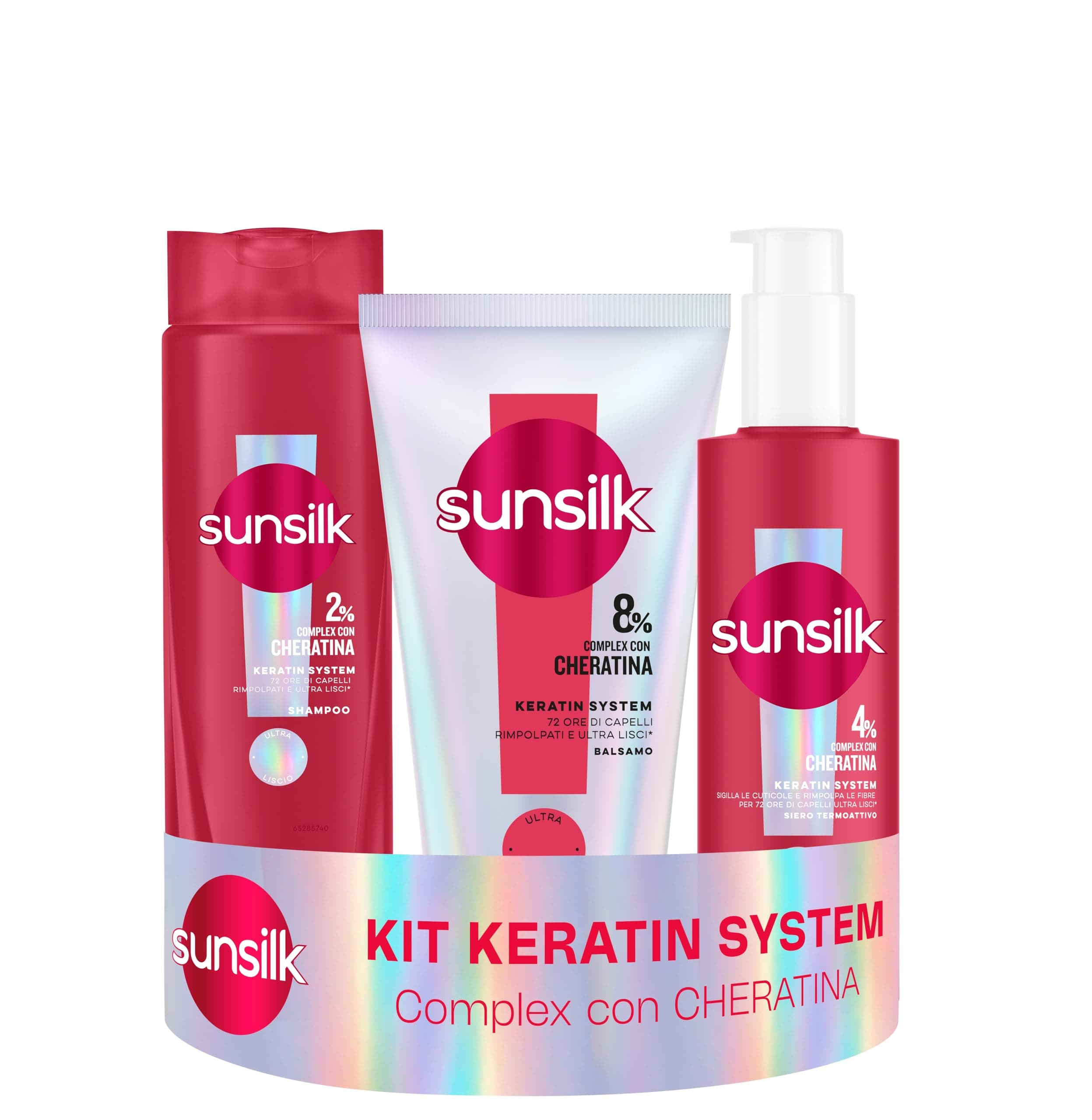 Sunsilk Kit Keratin System Shampoo 250ml, Balsamo 180ml e Siero Termoprotettore 200ml, Set Cura Capelli Lisci Anticrespo con Cheratina, Ultra Liss Complex, Capelli Morbidi e Rimpolpati 72h*