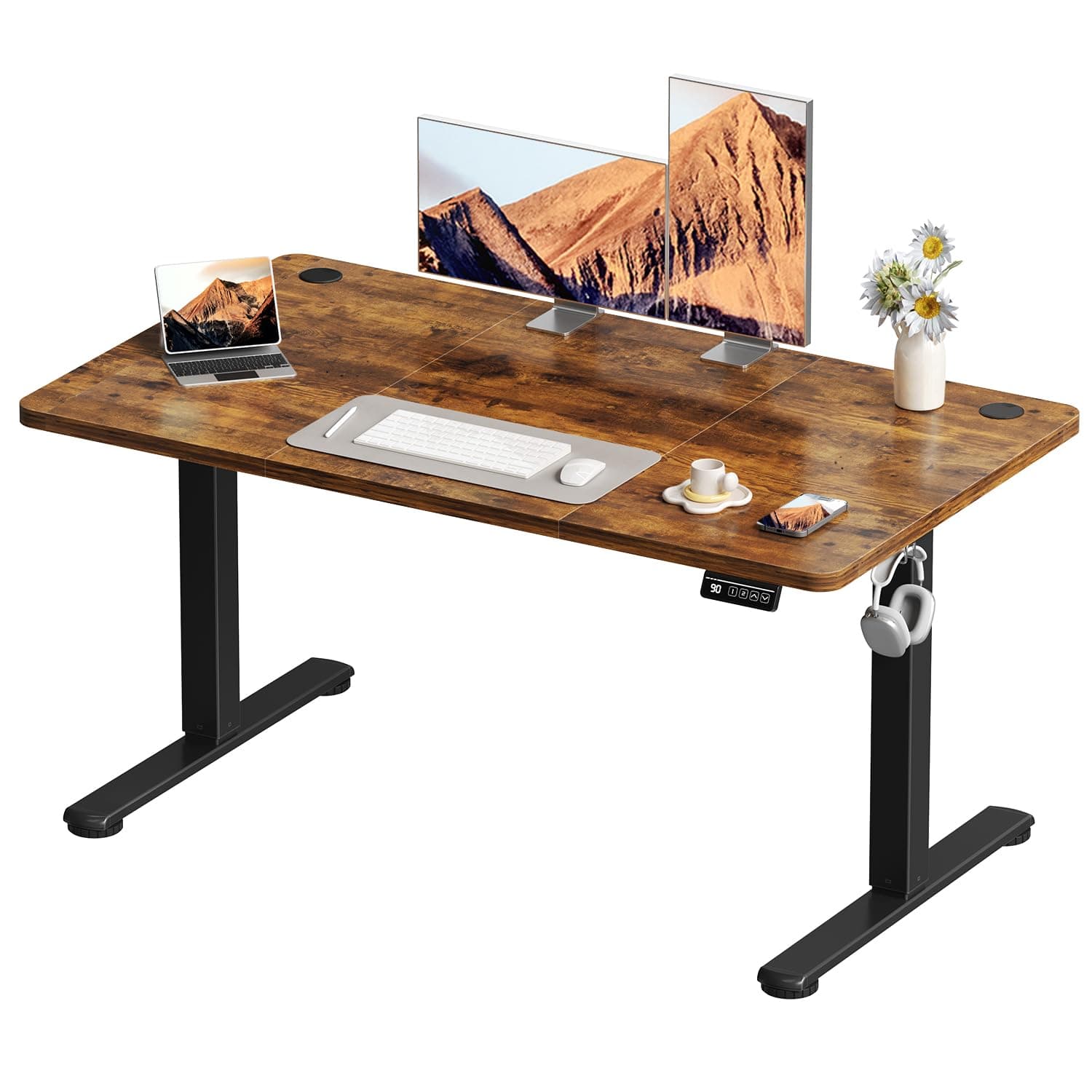 Devoko 120x60 cm Escritorio Regulable en Altura, Escritorio Elevable Eléctrico Telescópico Bidireccional, Escritorio de Oficinay Hogar, para Estudio en Casa con Tablero Ensamblado, Marron