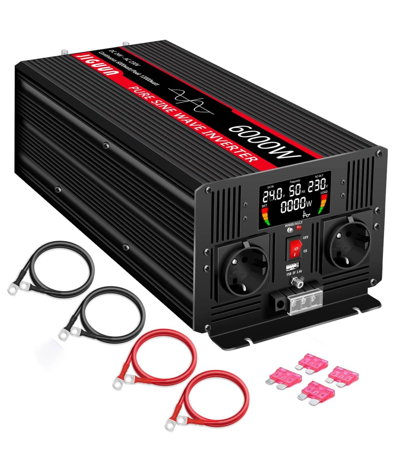 JIGUUN 6000W Convertisseur 24V 220V Pur Sinus Onduleur transformateur Puissance crête 12000W avec Télécommande sans Fil Écran LCD 2 Prises EU 1 Port USB pour Voiture Camping Voyage Urgence
