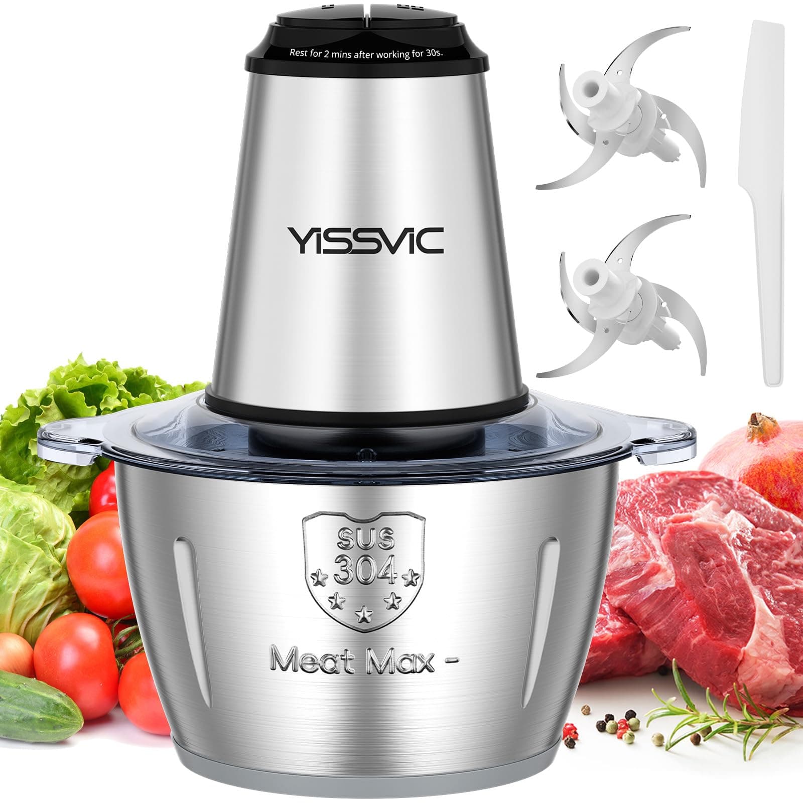 YISSVIC Tritatutto da Cucina Elettrico 2L,500W,Doppia Ciotola Vetro e Acciaio Inox,2 Velocità, 2×4 Lame, Anello Antiscivolo, Lavabile in Lavastoviglie (Ciotola in Acciaio inossidabile)