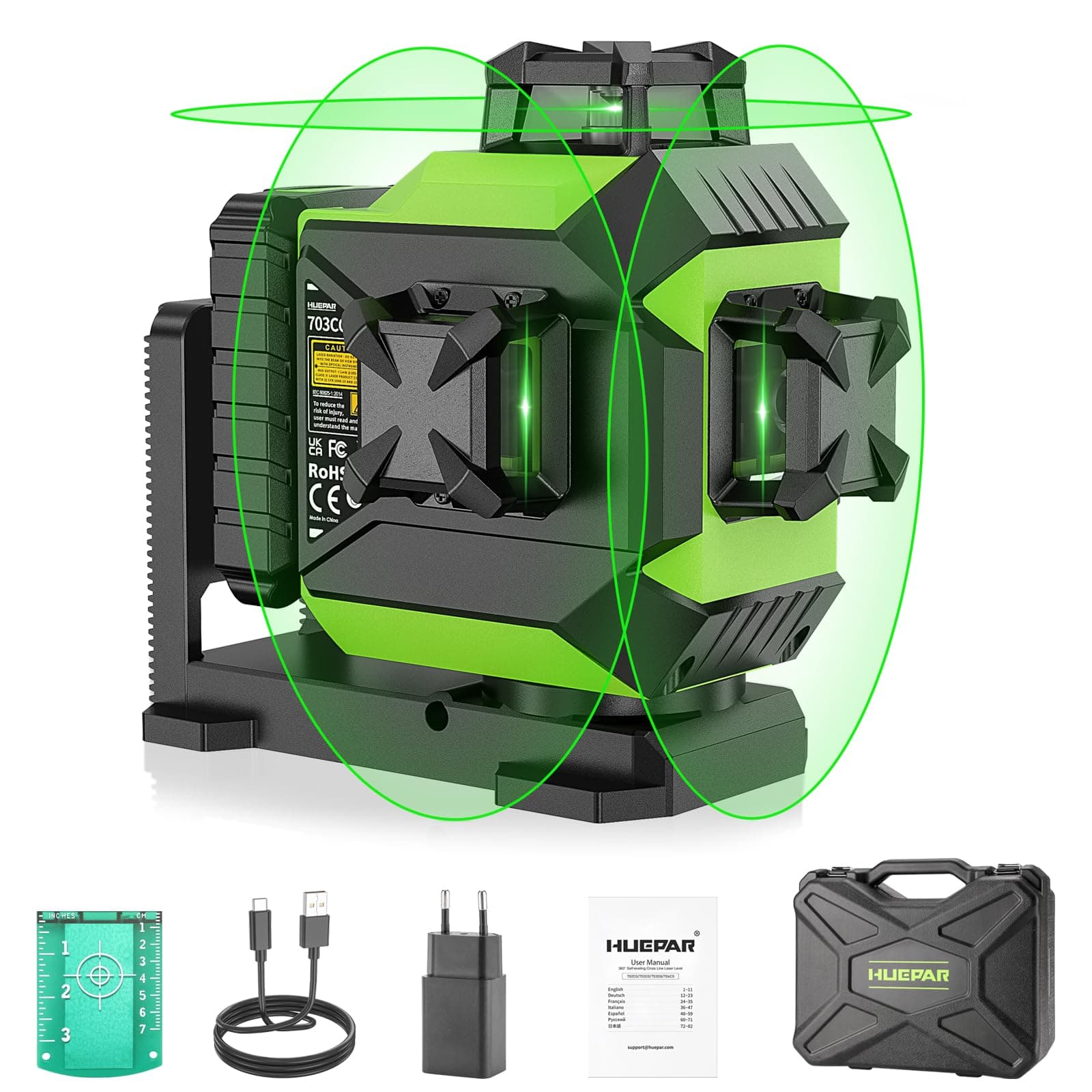 Huepar Niveau Laser 360 Vert 3D Auto-Nivelant Laser 12 Lignes Croisé avec Luminosité Réglable Laser et Mode Impulsion, Batterie Li-ion Port de Charge Type C,Base Magnétique,Étui de Transport Rigide