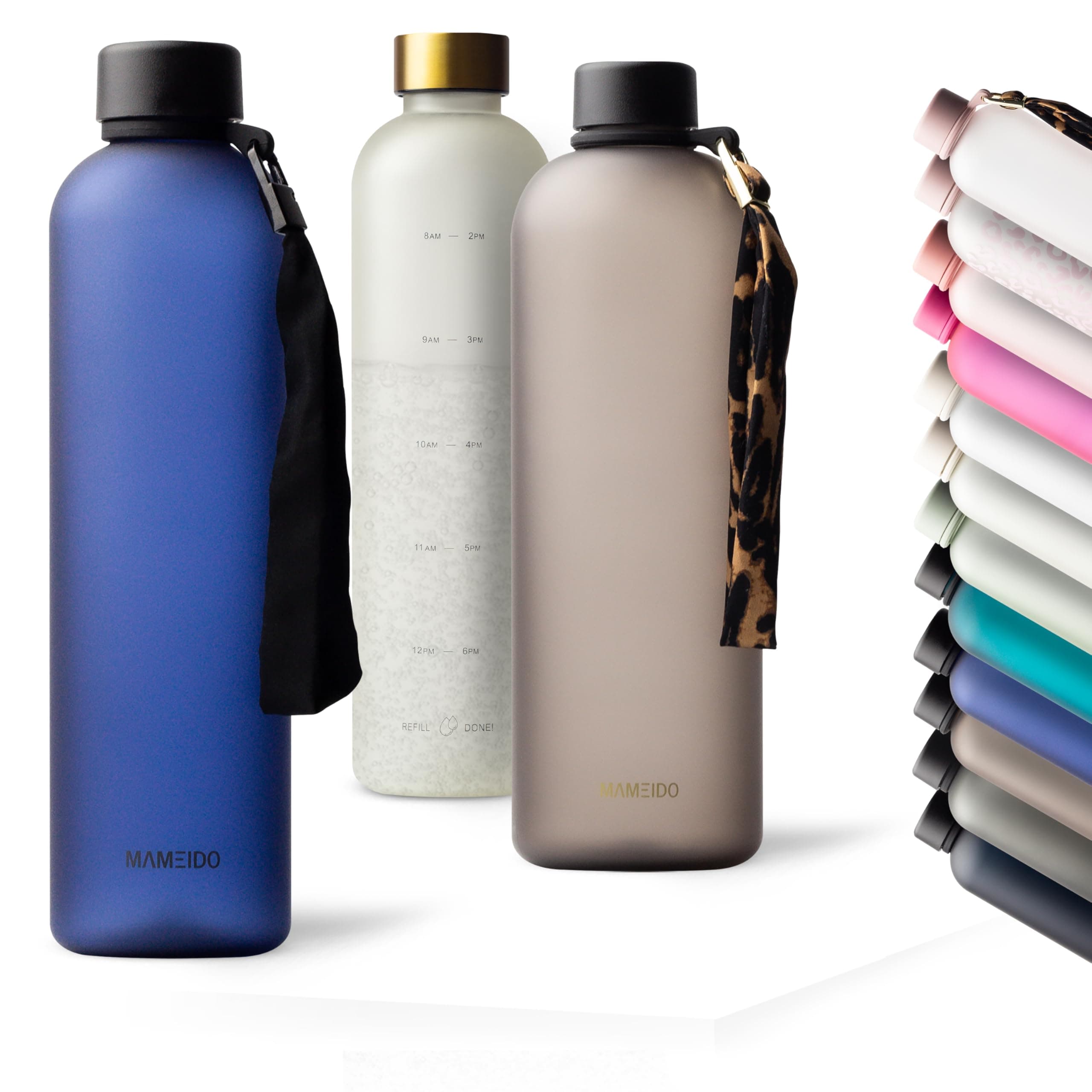 MAMEIDO Bottiglia acqua 1 litro, Borraccia plastica tritan a tenuta stagna, senza BPA, bottiglia motivazionale con orario (Dark Night)