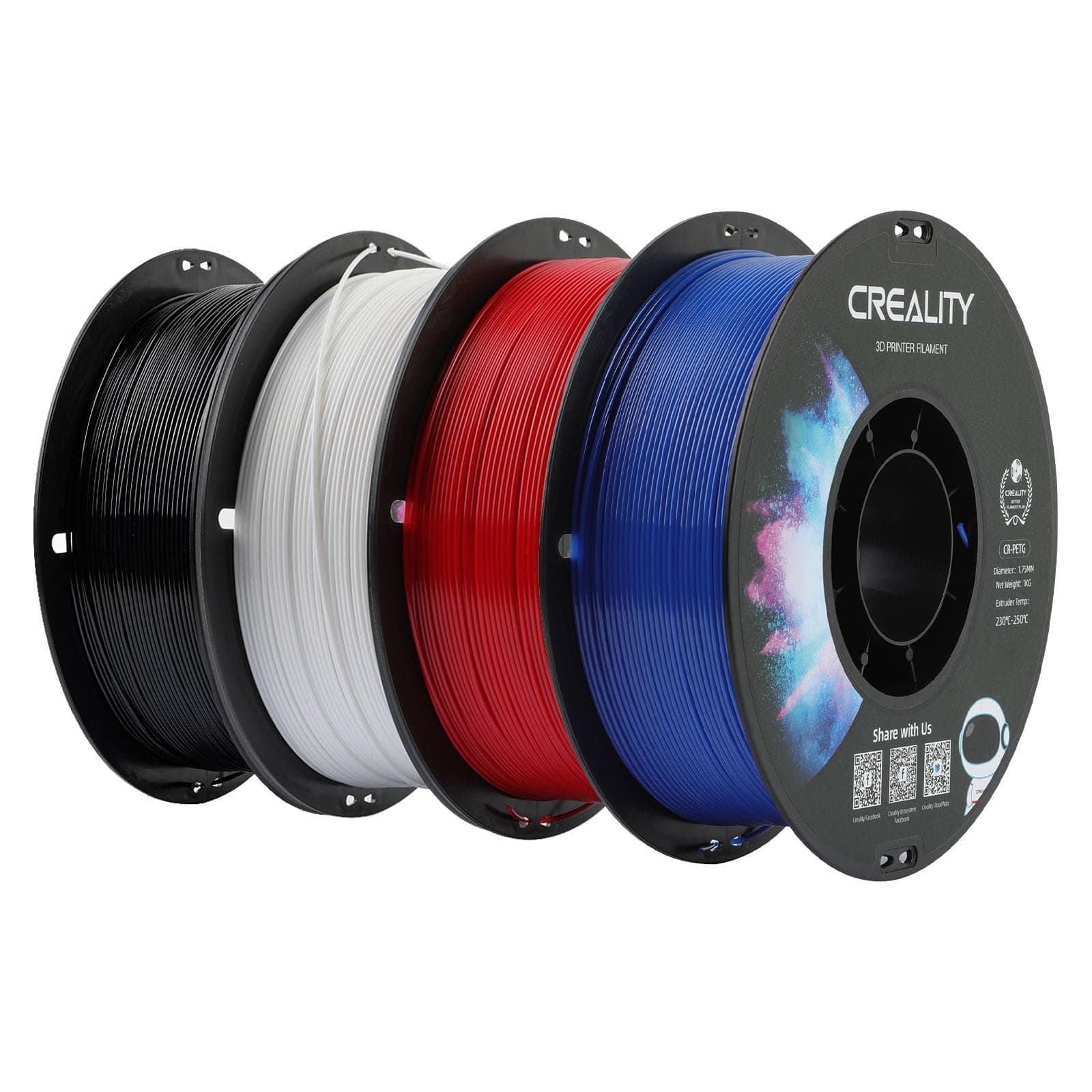Creality CR-PETG Filament 1.75 mm 4KG, Excellente Ténacité Haute Précision, Inodore Non Toxique, Résistant à l'Humidité, Filament PETG Brillant pour Imprimante 3D (Noir + Blanc + Rouge + Bleu)