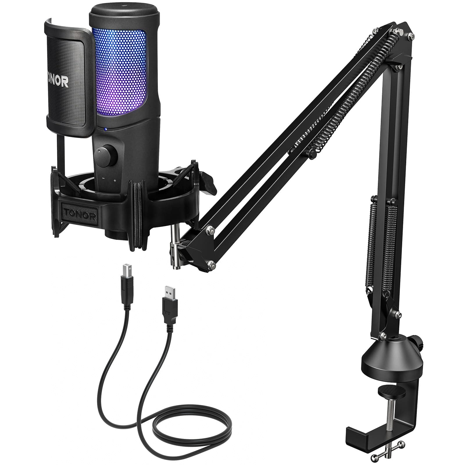 TONOR Microfono USB Gaming per PC, Silenziamento con un Tocco per Podcast e Streaming, Microfono a Condensatore Cardioide da Studio con Braccio di Supporto,RGB,TC40