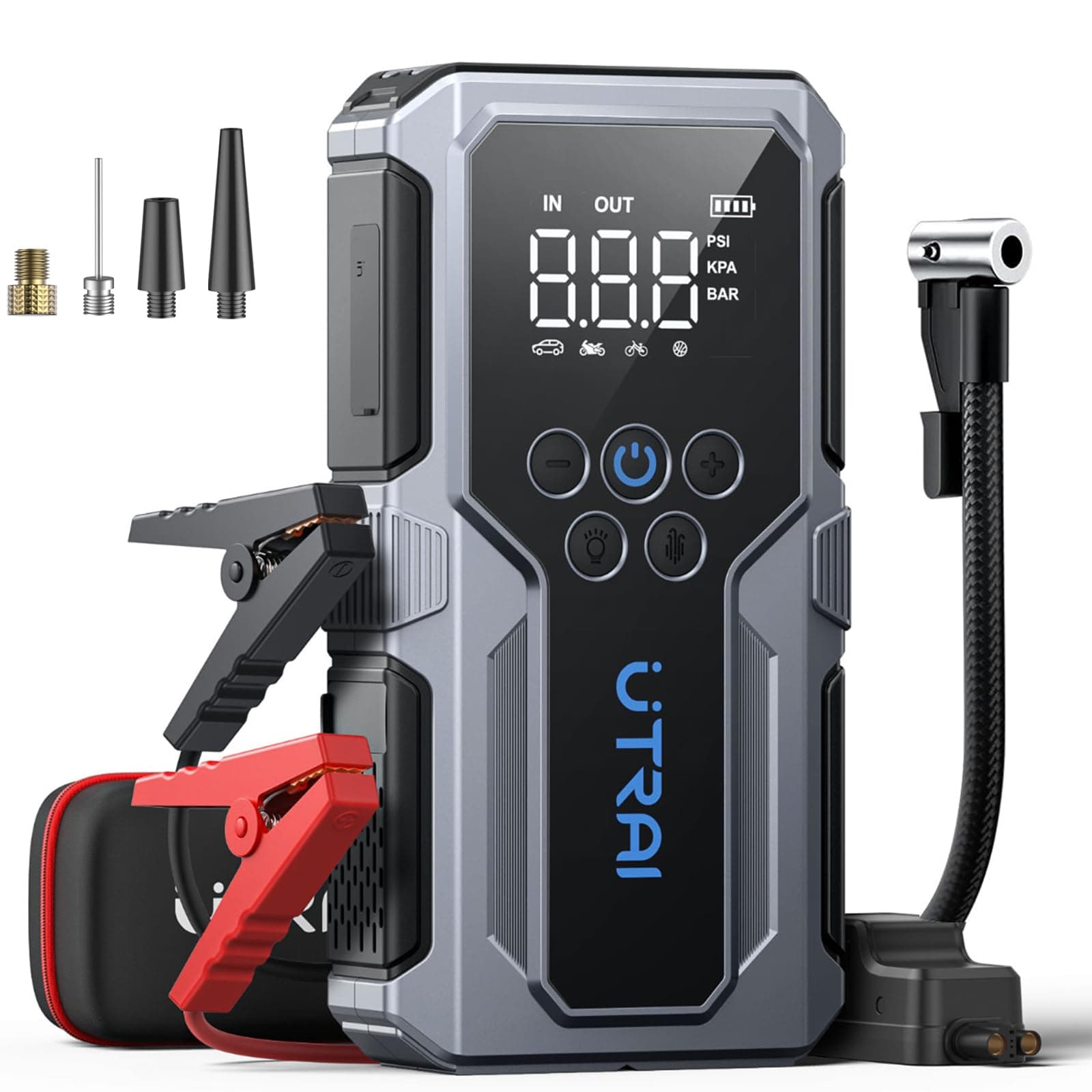 UTRAI 10-In-1 Avviatore Batteria Auto con Compressore 150PSI/18W Ricarica Rapida, 7000A Booster Avviamento Auto/Moto per 12V Veicoli a Motore (9.0L Benzina/7.0L Diesel), Avviatore Emergenza con Torcia