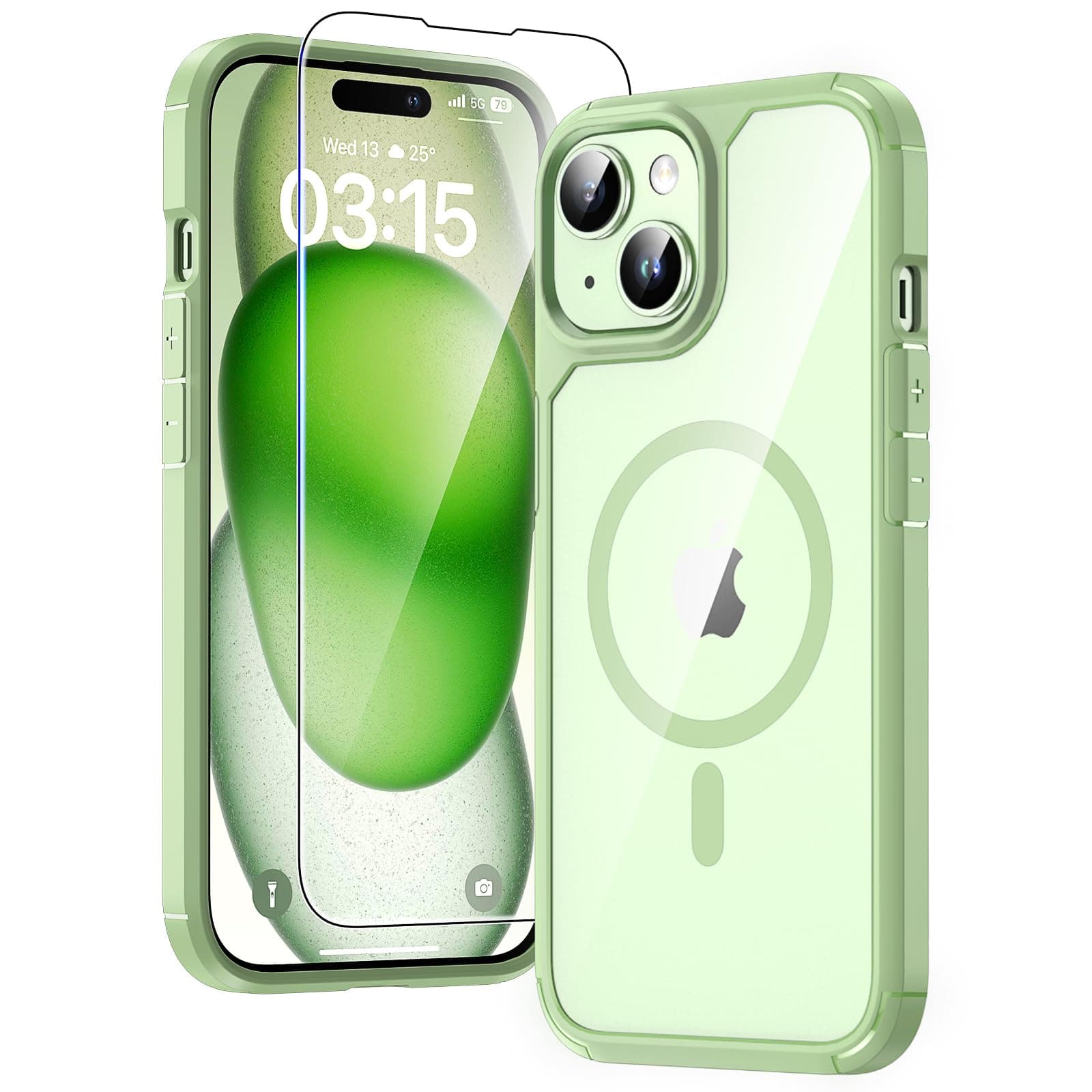 TAURI Cover per iPhone 15 con Pellicola in Vetro Temperato,[Compatibile con MagSafe] Magnetica Custodia per Sottile Anticaduta - Verde