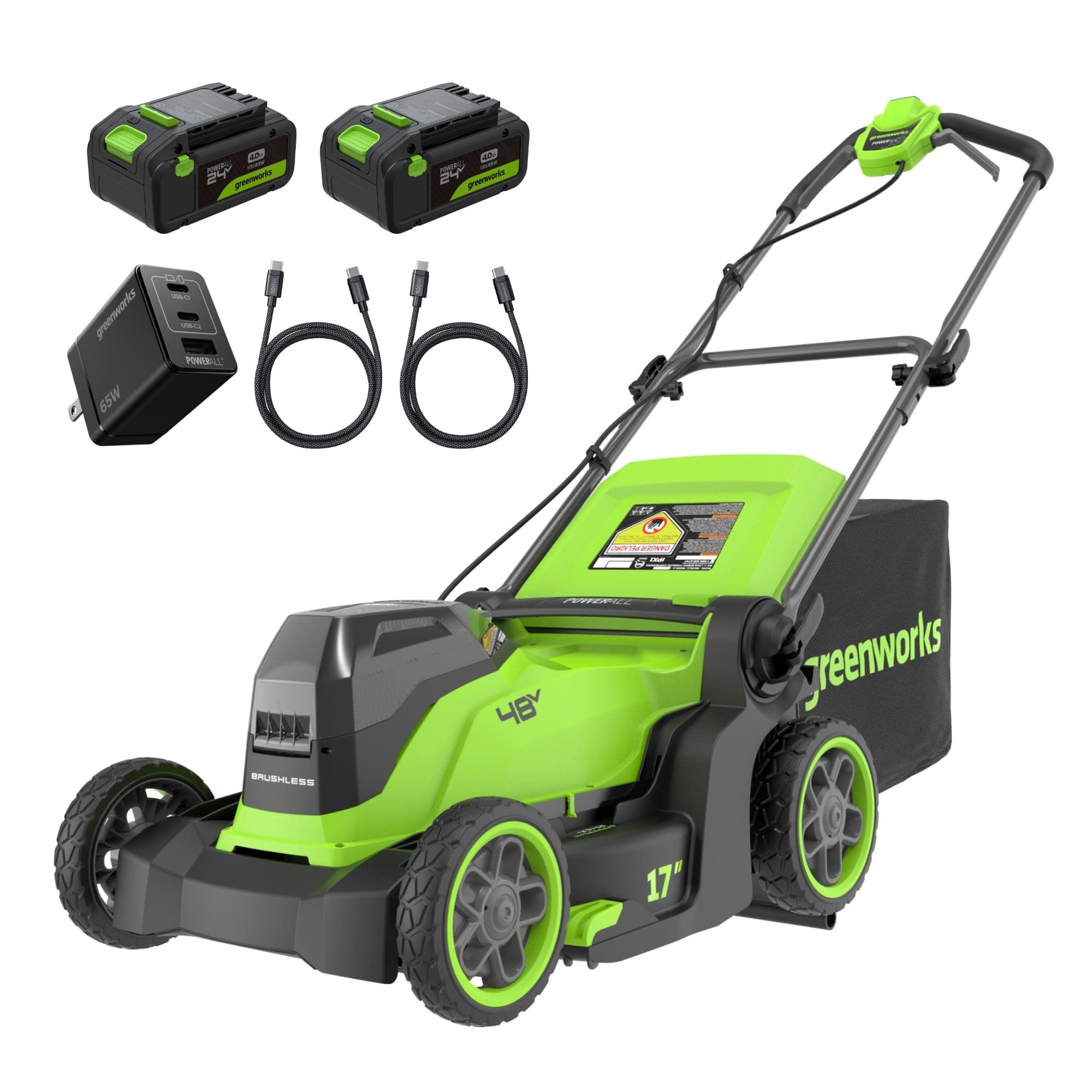Greenworks 48V (24V x 2) Tondeuse Gazon Batterie sans Fil, Largeur de Coupe 41cm, Sac 40L, Tondeuse Electrique Gazon Inclus 2 X 24V 4Ah et Chargeur Double, Garantie 3 Ans, MO48L422-01