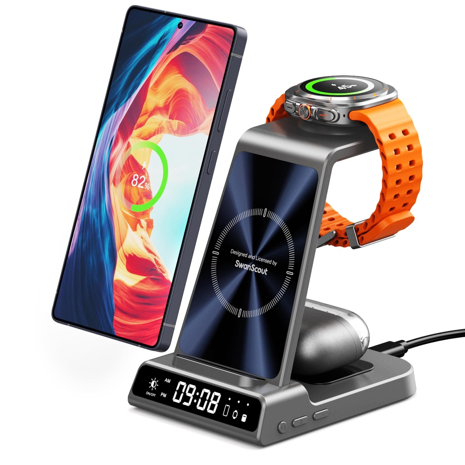 Cargador Inalámbrico para Samsung, Estación de Carga 3 en 1 para Samsung Galaxy S25 Ultra/S24/S23/Z Flip 7/Fold 6, Base de Carga Wireless Charger para Galaxy Watch 8/Ultra/7/6/5, Galaxy Buds 3/3 Pro