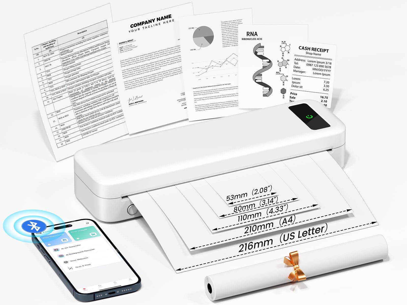 TATTMUSE Impresora Portatil a4, Bluetooth Impresoras Termica para Papel Térmica Casa Mini Movil Portatil Sin Tinta Wireless Portátiles Printer, Blanco