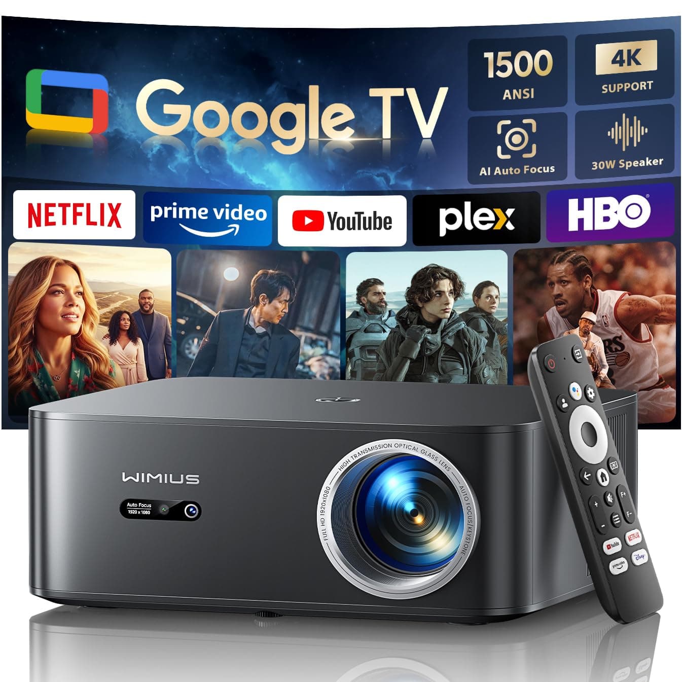 Vidéoprojecteur 4K【1500 ANSI/Google TV/Netflix Disney+Officiel】 Projecteur 4K Auto Focus/Keystone WiFi6 Bluetooth FHD 1080P Natif, Contrôle Vocal, Rétroprojecteur 350'' Zoom 50% Home Cinéma HDMI Arc