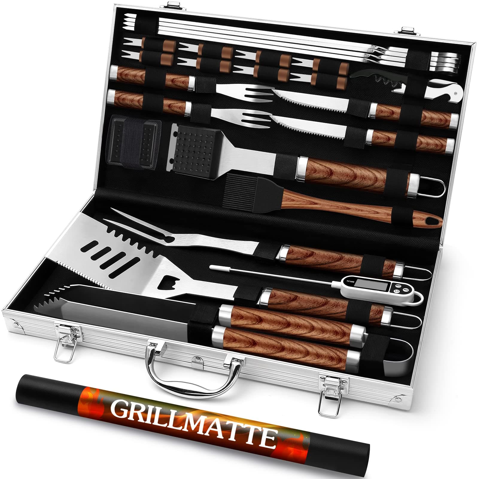Grilliance 26pcs Kit d'accessoires pour Barbecue Professionnel, Ensemble d'ustensiles de Barbecue en Acier Inoxydable pour Cadeau Homme,Outil de Barbecue Set avec Boîtier en Aluminium Marron