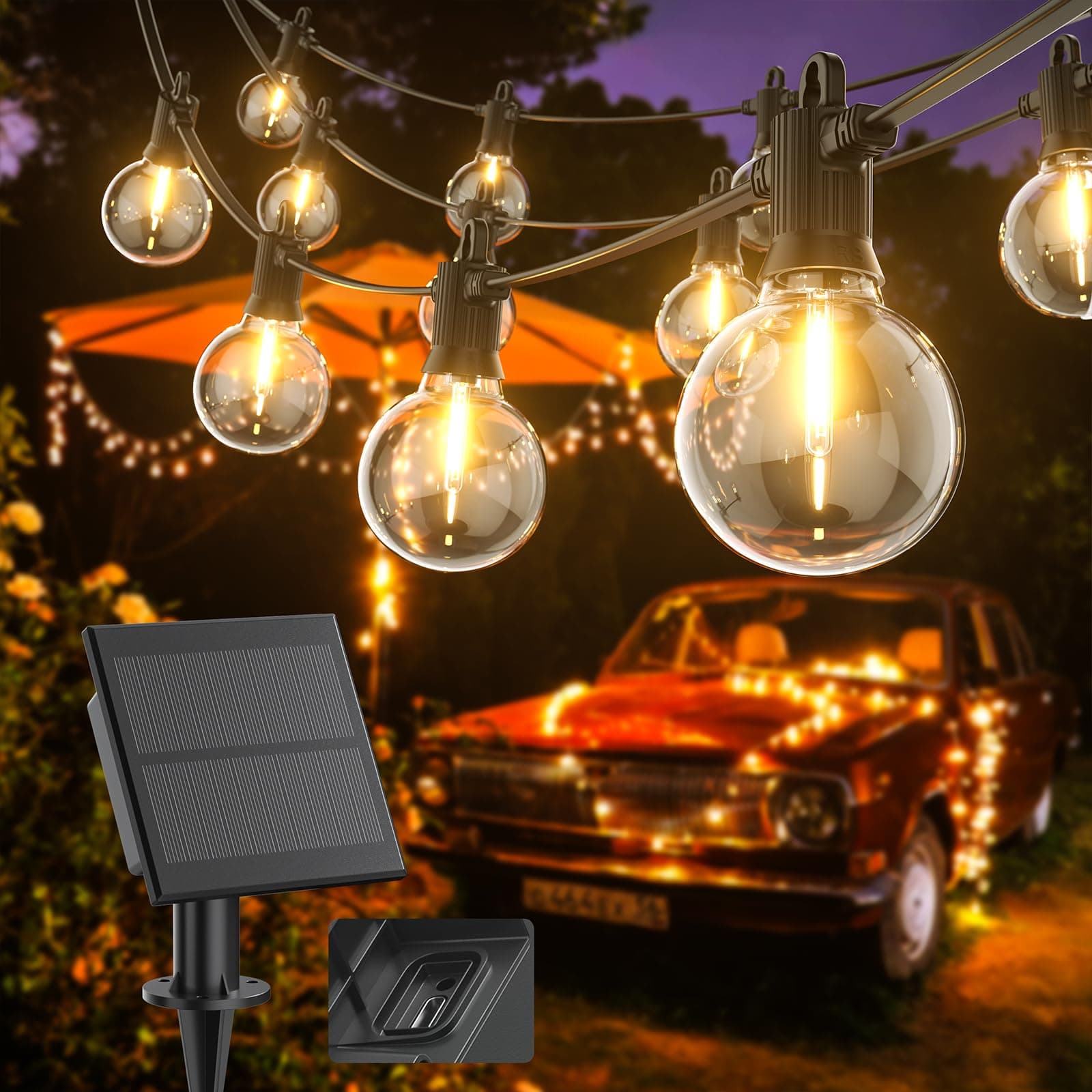 Kawaya Guirnaldas Luces Exterior Solar, 10M Cadena de Luces USB Recargable LED Luces Solares Exteriores Jardín 5 Modos con 15+1 Bombillas G40 para Exteriores Boda Terraza Garden Fiesta Blanca Cálida