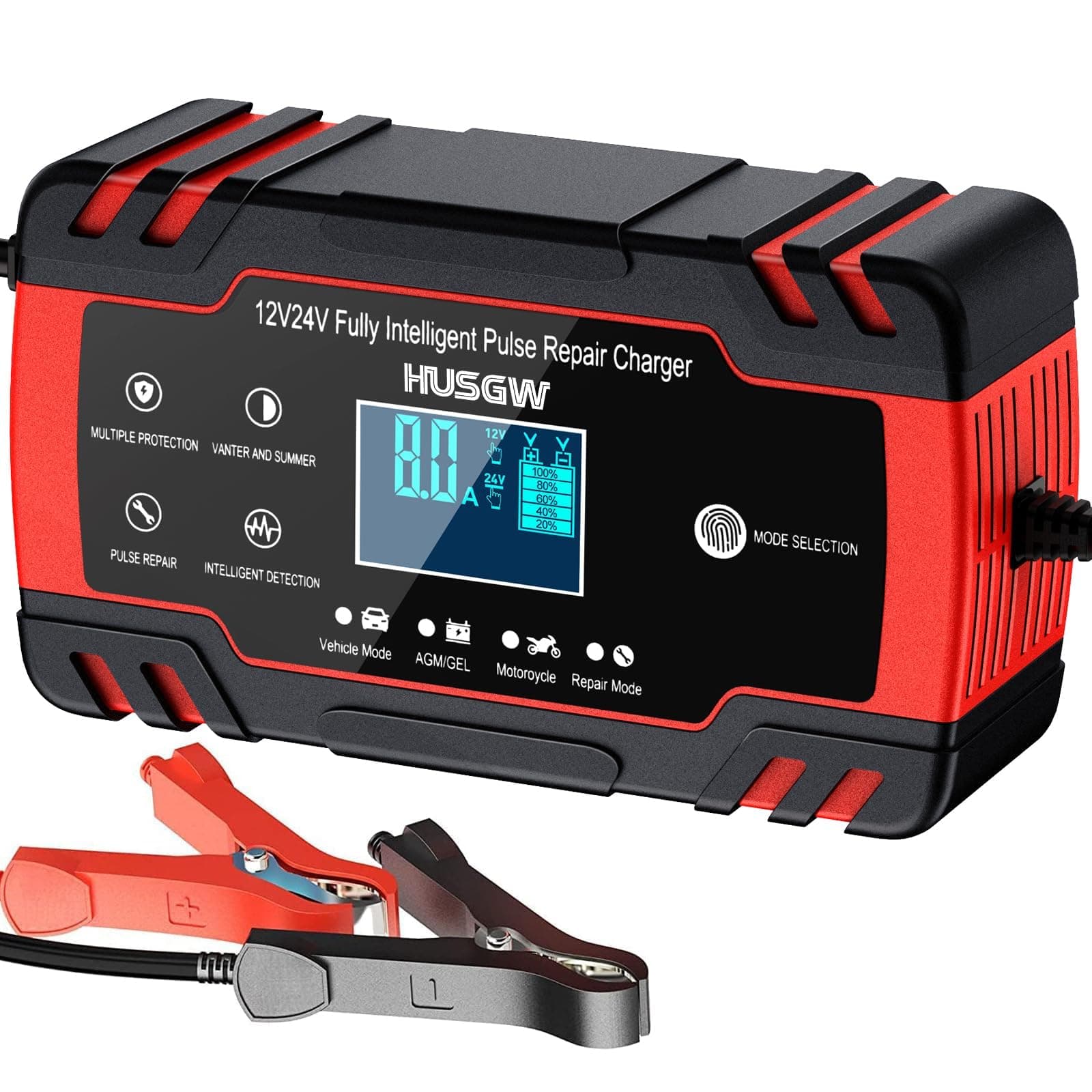 Husgw Chargeur Batterie Voitures 12V/24V 8A, Chargeur de Batterie Intelligent Moto avec Fonction Réparation, Maintien de Charge Auto, Écran LCD, pour Voiture Moto Camion, AGM, Gel, Wet, SLA (4-150 AH)