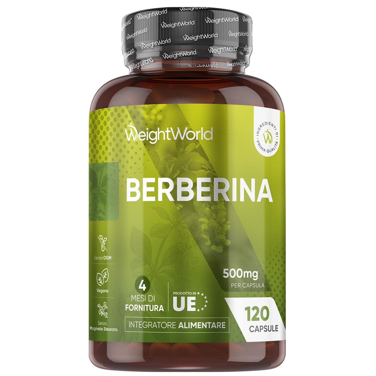 Berberina Vegana, 4 Mesi di Scorta, 1 Capsula al Giorno, Integratore Berberina 500 mg Pura 85%, 120 Capsule, Berberine Proveniente dalla Berberis Aristata, Senza Magnesio Stearato, Prodotto in Europa