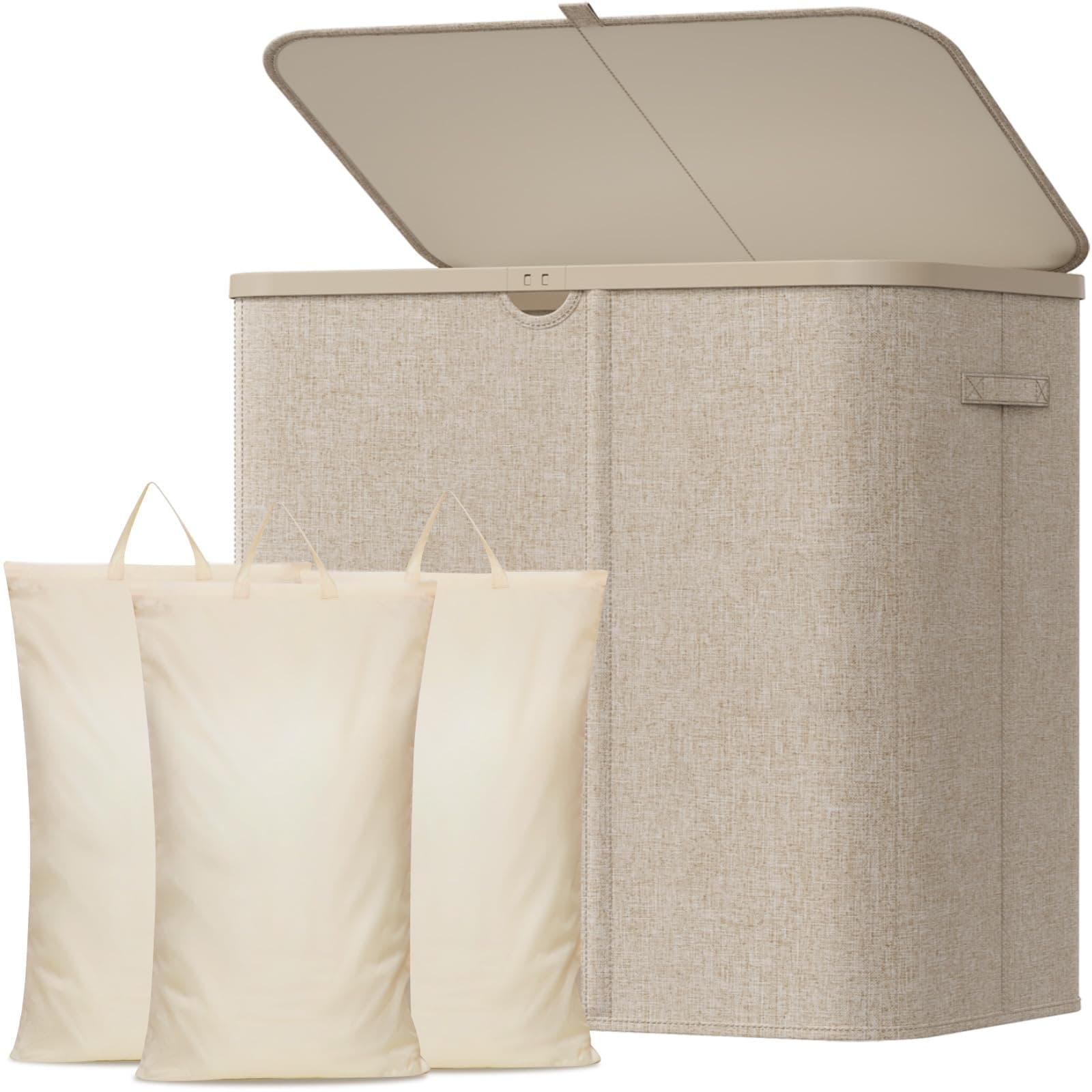 Lifewit Cesto Portabiancheria con Coperchio, Grande Portabiancheria Pieghevole a 3 Scomparti con Sacchi Rimovibili, Laundry Basket per Camera da Letto, Bagno e Lavanderia, 150L, Beige