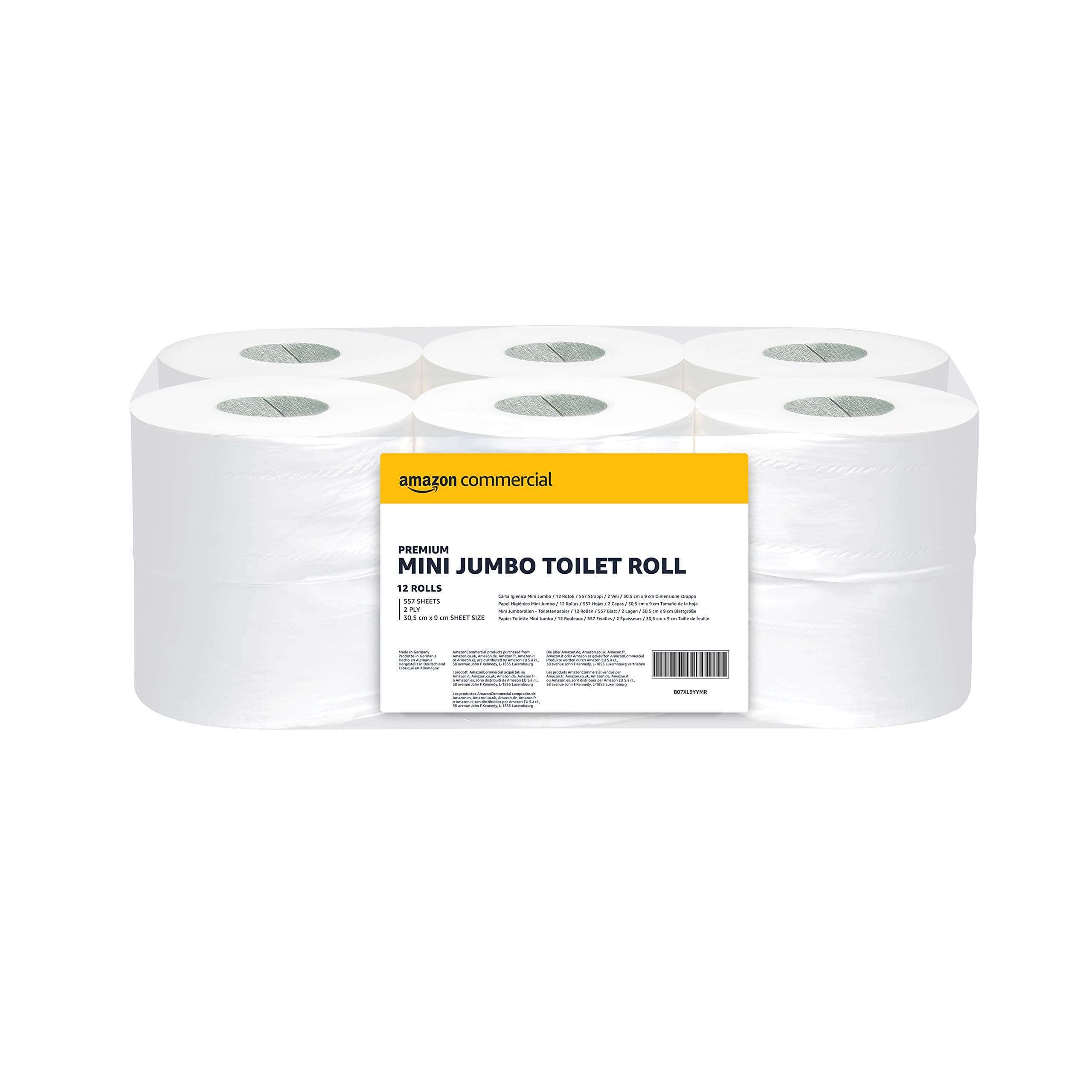 AmazonCommercial Papier Toilette Mini Jumbo, 2 Epaisseurs Premium, 12 Rouleaux (1 paquet), 557 Feuilles per Rouleau, Taille des Feuilles: 30,5 x 9 cm, Compatible Distributeur T2