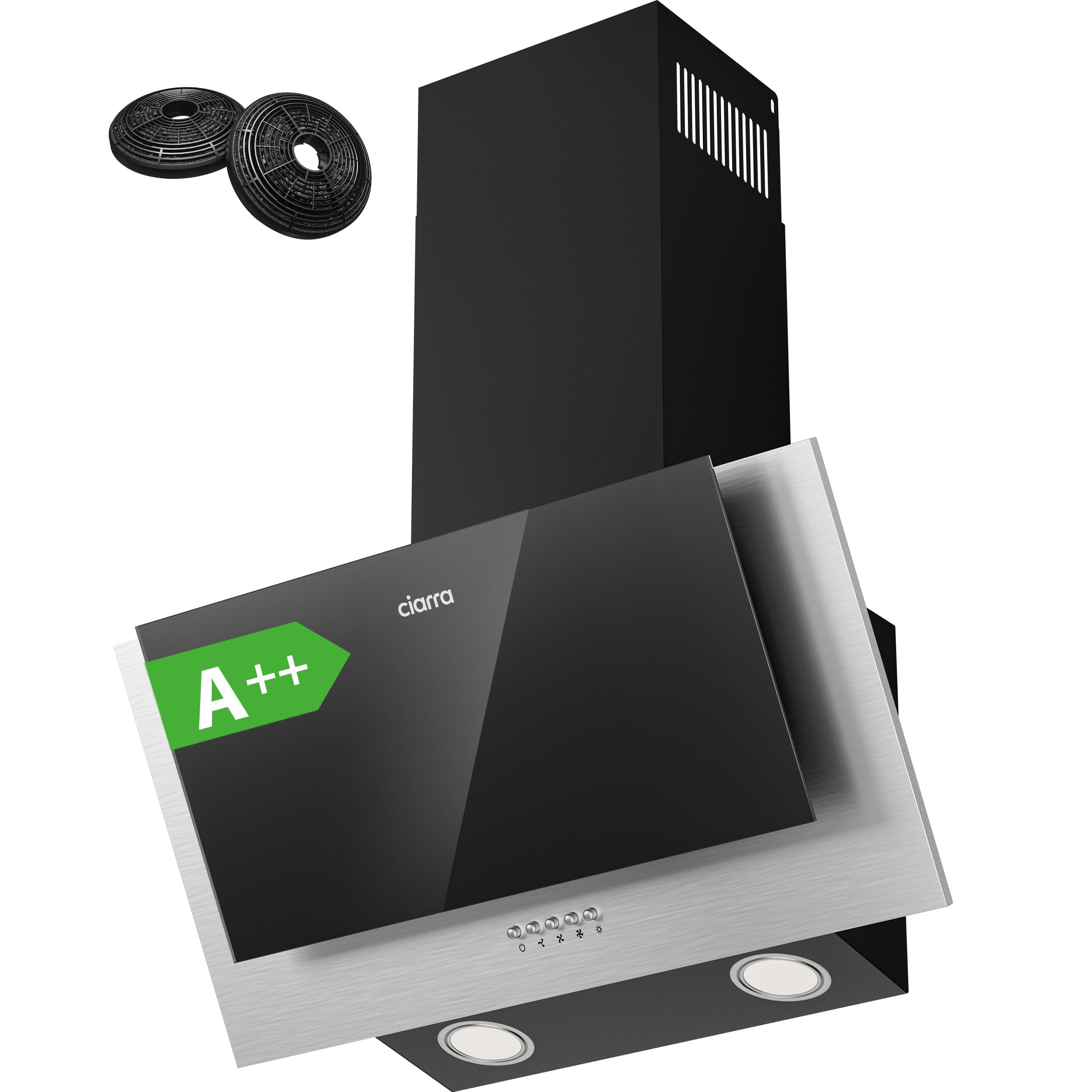 Ciarra Hotte Aspirante Inclinée 60cm - Classe A++ - 350m³/h - Hotte de Cuisine 3 Vitesses - Filtres à Charbon Inclus - Hotte Murale Evacuation ou Recyclage - Noire - CBCB6736C