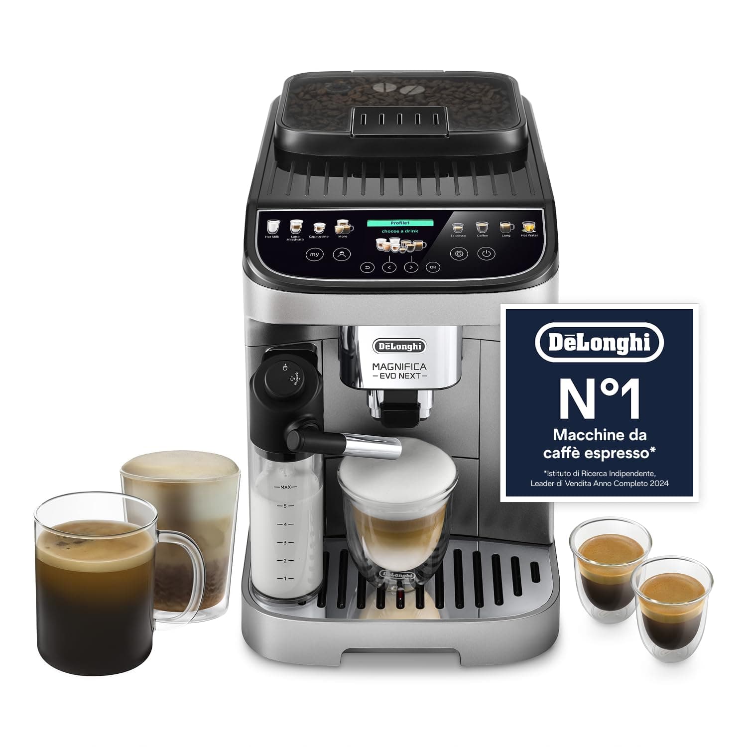 De’Longhi Magnifica Evo Next – Perfetto Macchina da Caffè Automatica, LatteCrema Montalatte Automatico, 13 Bevande in un Solo Tocco, Display Touch a Colori, Argento e Nero (ECAM312.80.SB)