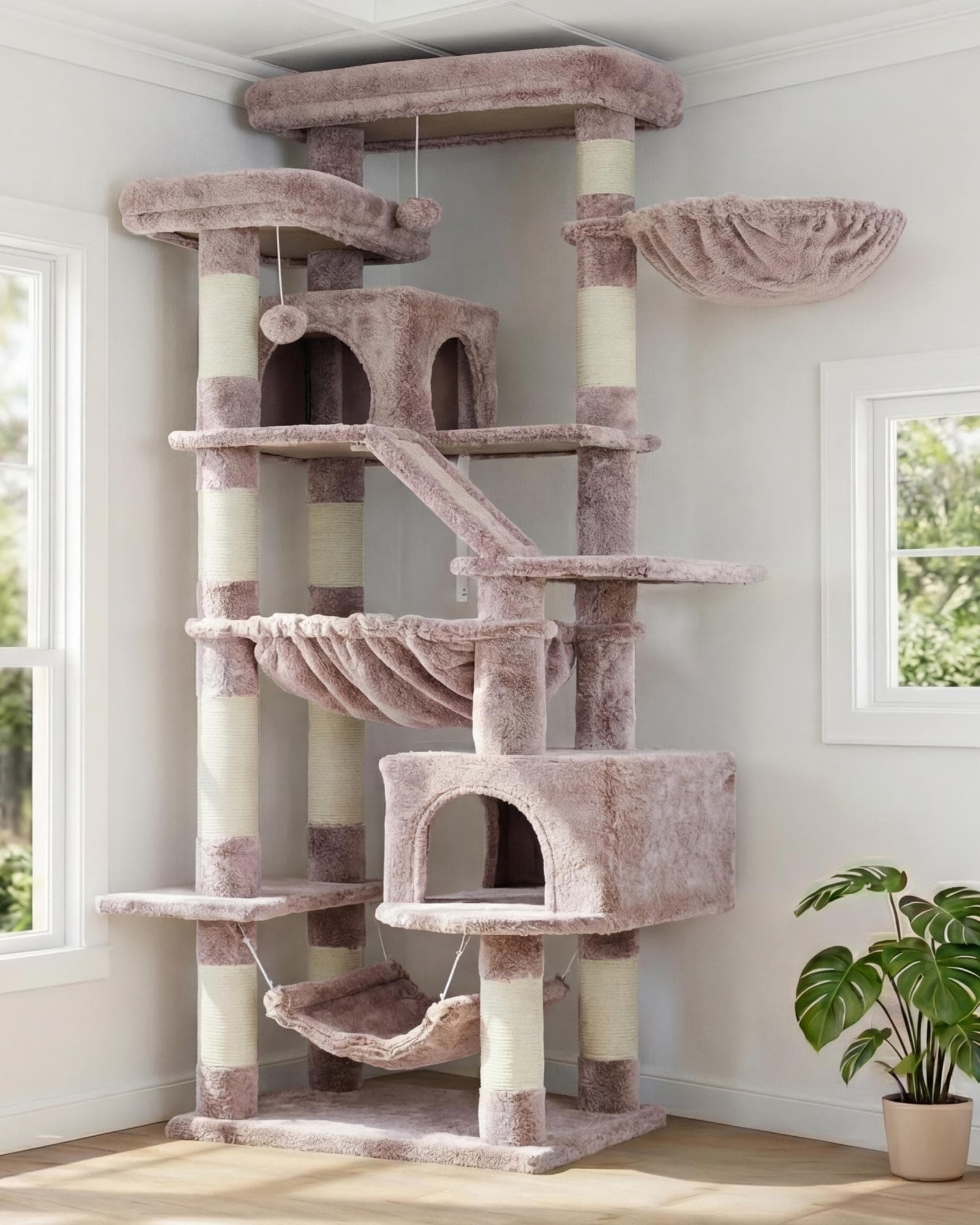 Heybly Rascador para Gatos, Torre De 180 cm, 2 Plataformas, 2 Cabañas, 2 Hamacas, Panel para Arañar. Gran Mueble para Gatos con Espacio De Dormir, Beige Marrón HCT034MU
