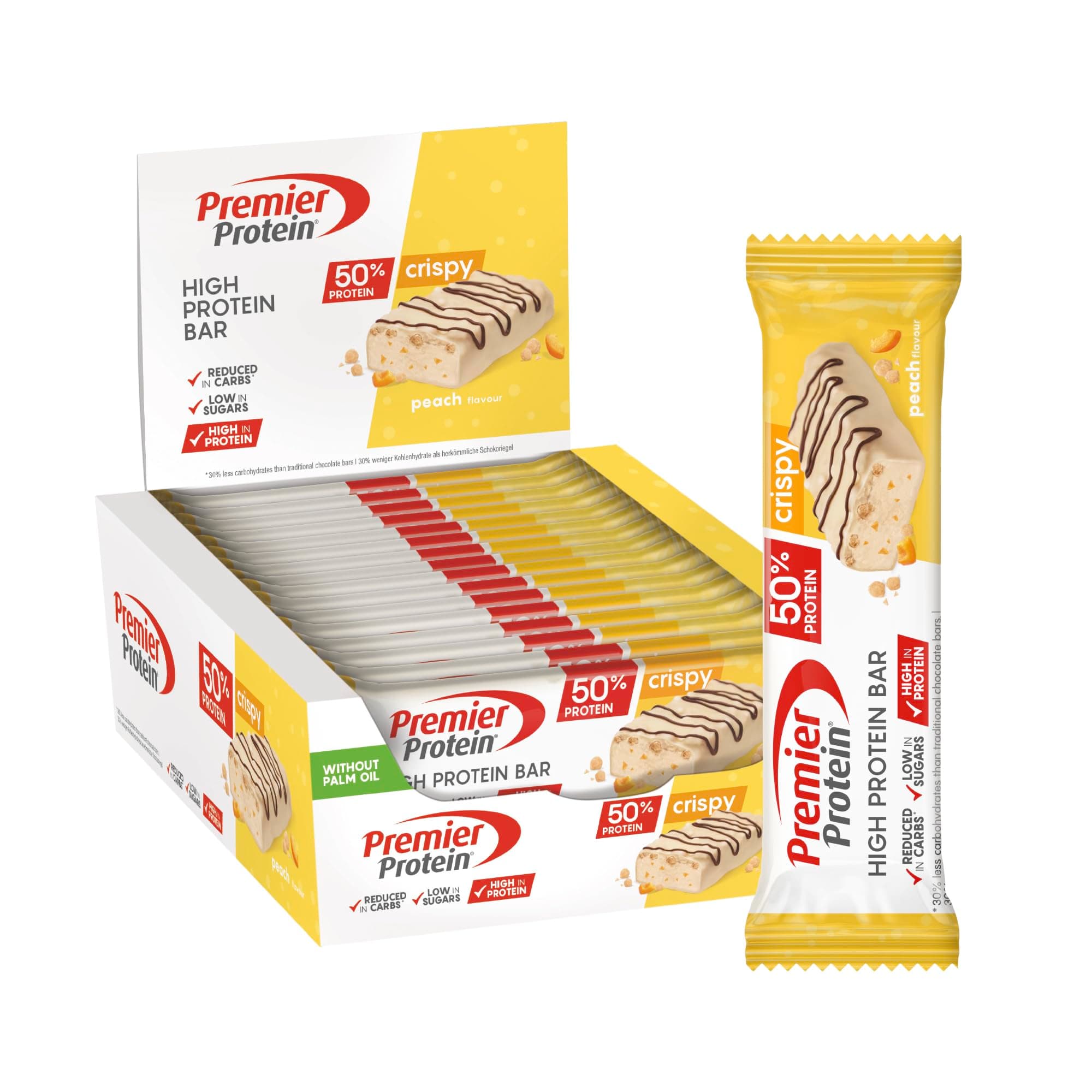 Premier Protein - High Protein Bar 50%+Crispy - Peach - 16x40g - basso contenuto di zuccheri – low carb – senza olio di palma