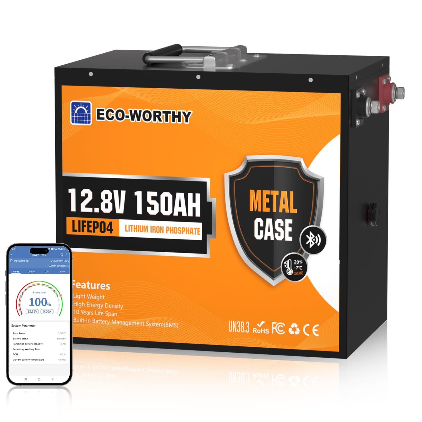 ECO-WORTHY Bluetooth Batterie Lithium 12V 150Ah avec Protection Basse température,1920Wh LiFePO4 12V 150Ah Bluetooth,Batterie LiFePO4 pour Camping-Car