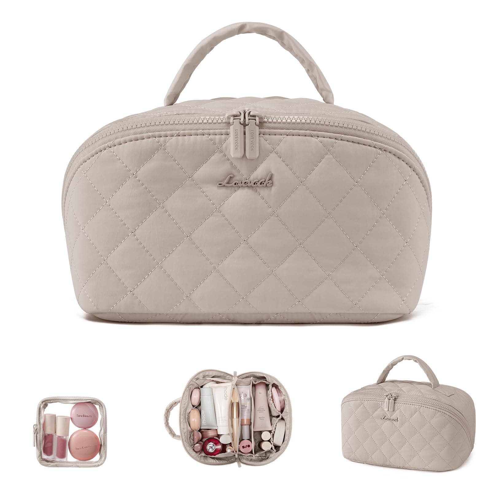 LOVEVOOK Kosmetiktasche Damen, Make up Tasche Groß, Schminktasche Organizer mit fächern, wasserdichte Puffer Kulturbeutel mit 180°-Flachdesign, Wäschemaschinenfeste Kulturtasche für Reisen, Khaki