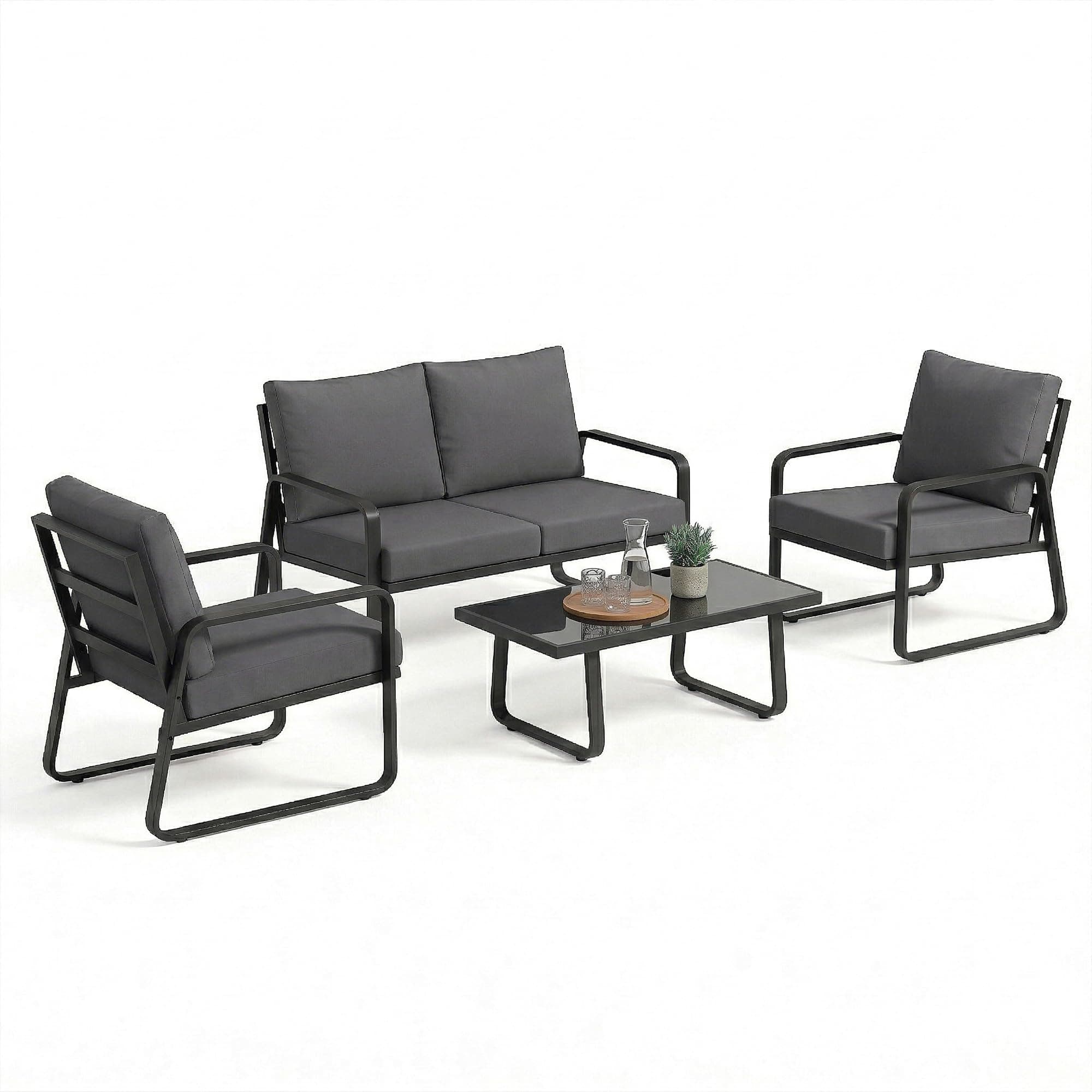 Outsunny Salon de Jardin 4 Pièces avec Coussins Déhoussables Très Épais 16cm - Canapé et Fauteuils de Terrasse en Métal Robuste - Salon Bas de Jardin, Table Basse en Verre Trempé, Noir