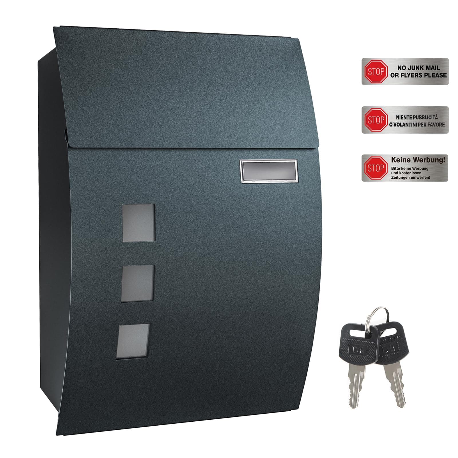 SONGMICS Buzón de Pared, con Ventanas de visualización, Ranura para Nombre, 2 Llaves, fácil de Instalar, Gris Antracita GMB030G02