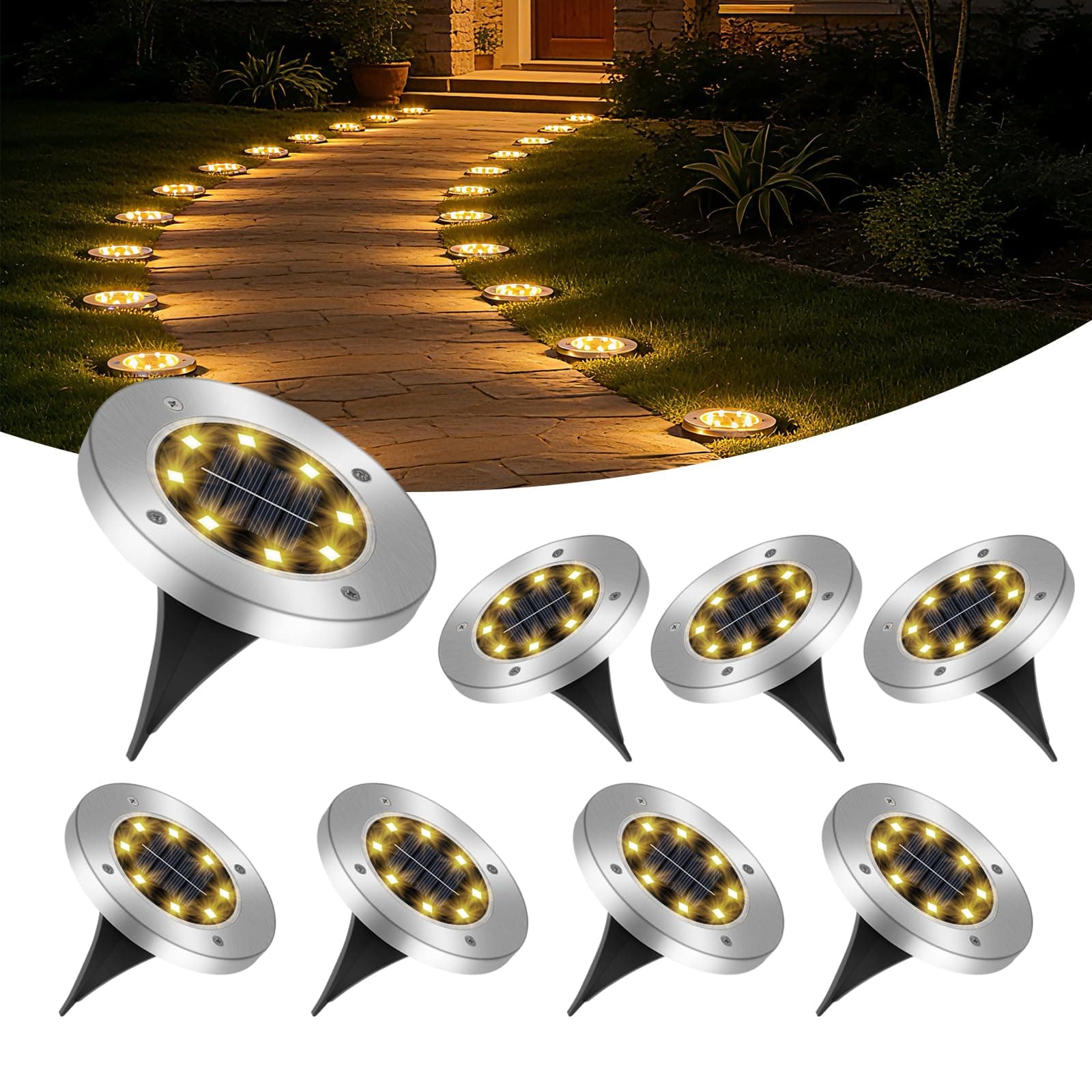 8 Pezzi Luci Solari da Giardino Esterno, 8 LEDs Lampade Solare da Terra IP65 Impermeabile, Faretti Sepolta Solari a da Esterno, per Patio, Piscina, Vialetto, Marciapiede, Prato(Bianco Caldo)