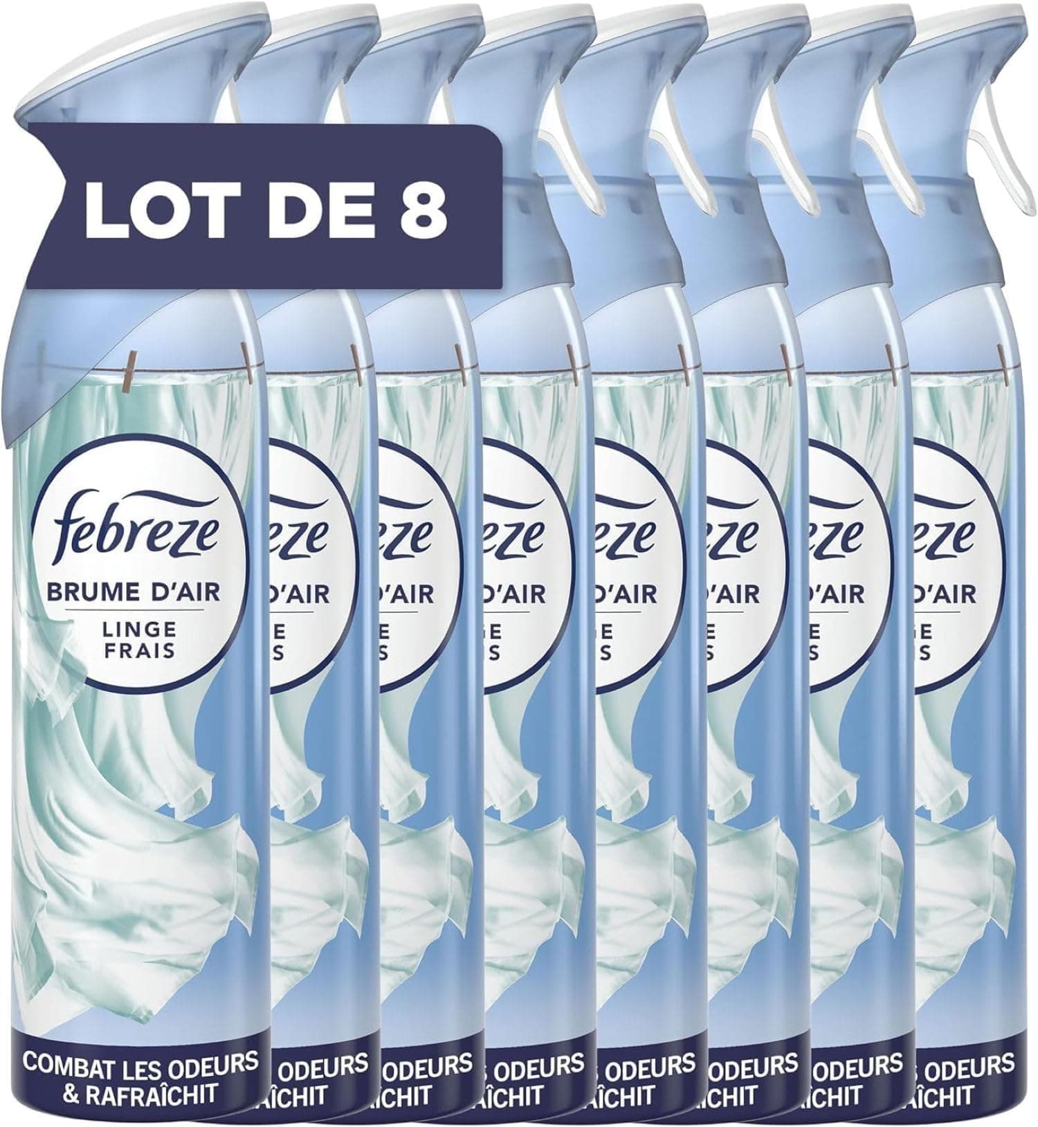 Febreze Spray Désodorisant (185ml x8), Linge Frais, 2en1, Combat Efficacement Les Odeurs, Laisse Un Parfum Frais