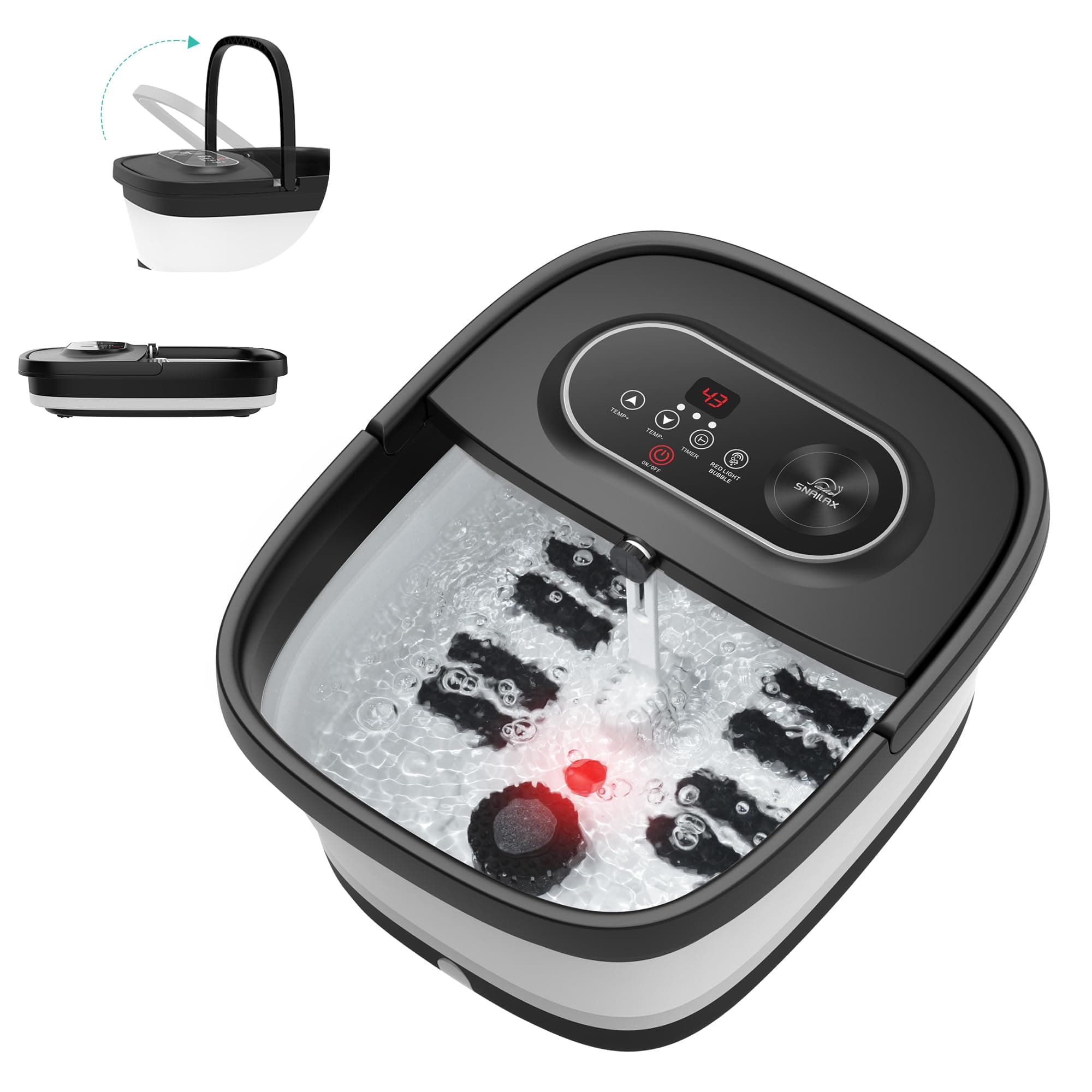 Snailax Bain de Pieds Pliable avec Chauffage et Massage, Spa Pour Pieds avec 14 Niveaux de Chauffage | Rouleaux Shiatsu | Bulles | Lumière Rouge | Minuterie, Massage Pieds Spa 35℃-48℃