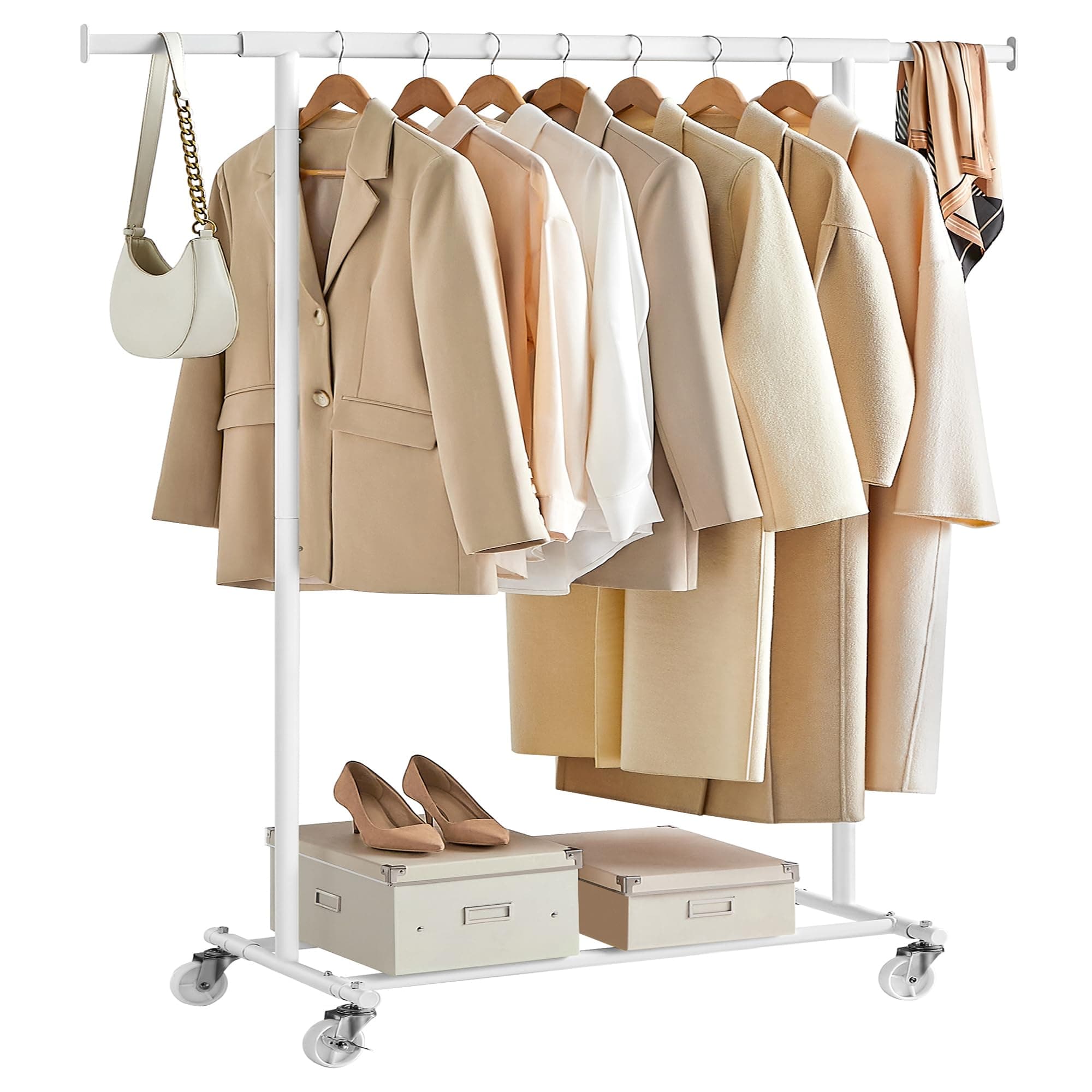 SONGMICS Kleiderständer auf Rollen, Schwerlast-Garderobenständer, ausziehbare Kleiderstange, bis 100 kg belastbar, einfache Montage, transportabel, weiß HSR013W01