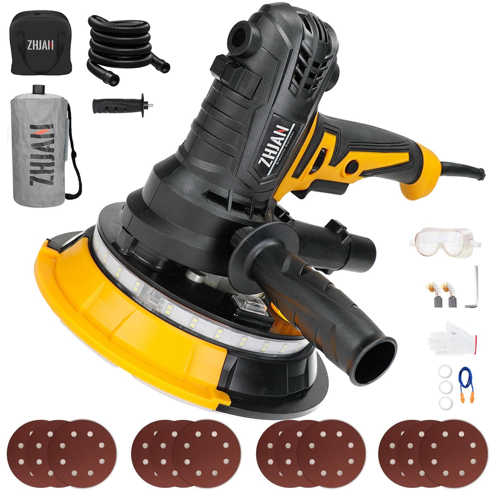 ZHJAN Ponceuse murale pour cloisons sèches 900W,1400-2700RPM,LED Poignée télescopique Moteur, 5 Niveaux Vitesses,grosse et fine abrasion,Lumière LED,Sac à Poussière et Tuyau et 12 Disques de Ponçage