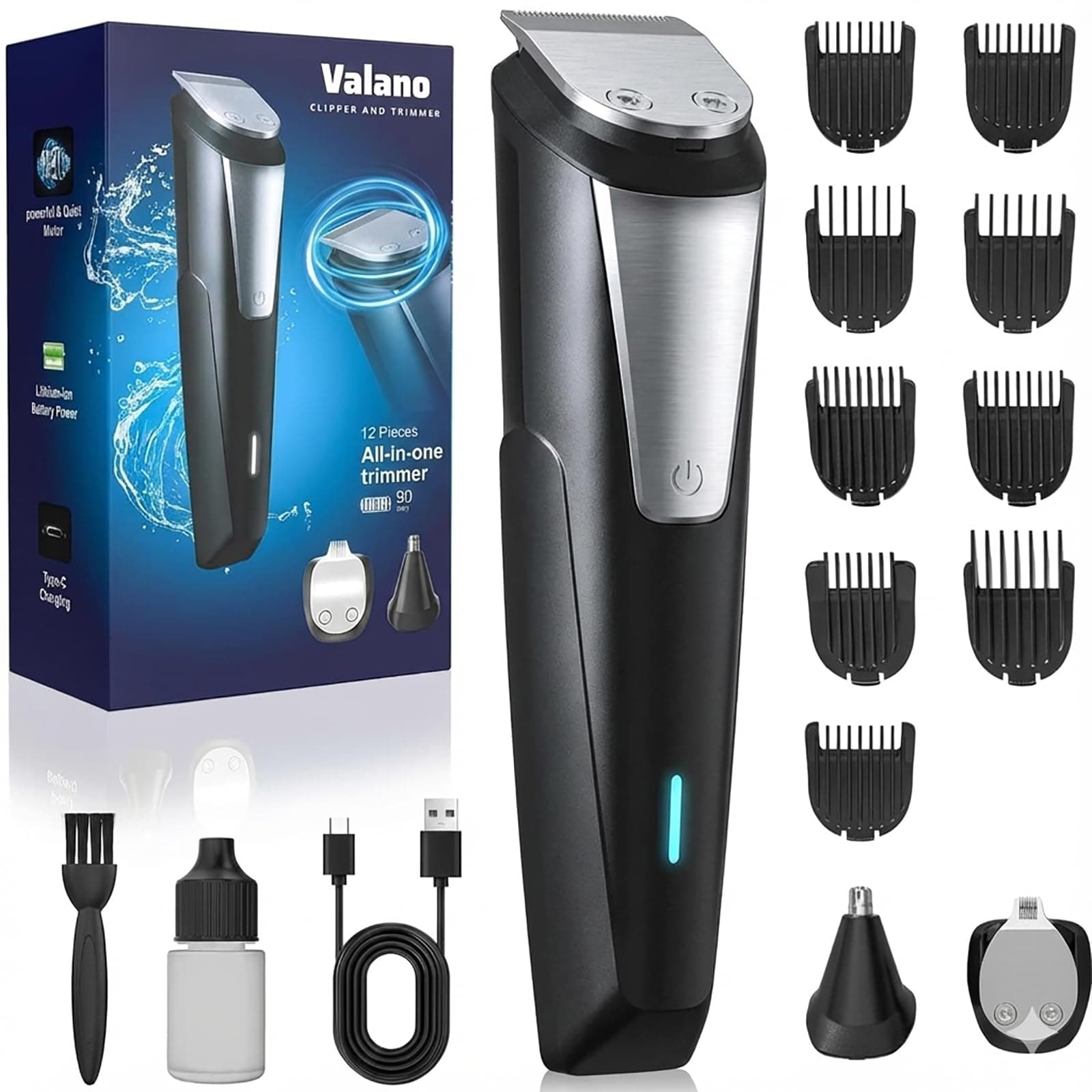 Valano Tondeuse Cheveux Hommes et Tondeuse Barbe Homme, 3 en 1 Rasoir Electriques Hommes Set, Tondeuse Cheveux Sans Fil avec 9 Sabots (1-16mm), Multi-function Men's Groomer Cadeau Homme (Noir)