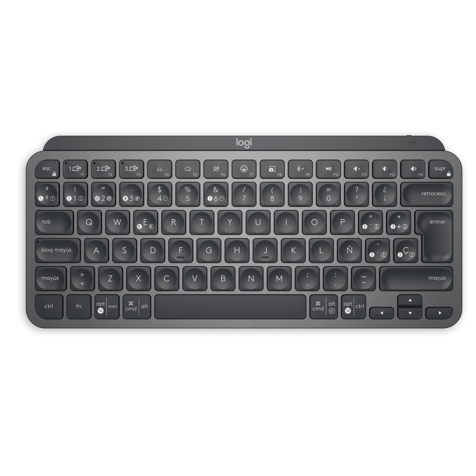 Logitech MX Keys Mini Teclado Inalámbrico Minimalista, Compacto, Bluetooth, Retroiluminado, USB-C, Compatible con Apple macOS, iOS, Windows, Linux, Android, de Metal, QWERTY Español - Gris Oscuro