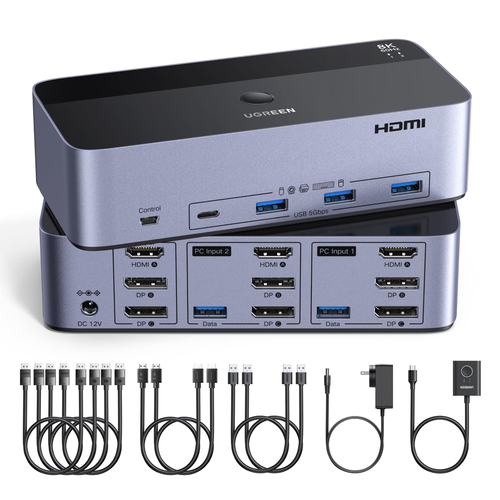 UGREEN HDMI+Displayport KVM Switch 2 PC 3 Monitore 8K60Hz mit 4 USB 3.0 Ports, Tasten- und Desktop-Controller Umschaltung Kompatibel mit Windows/Linux/MacOS usw.